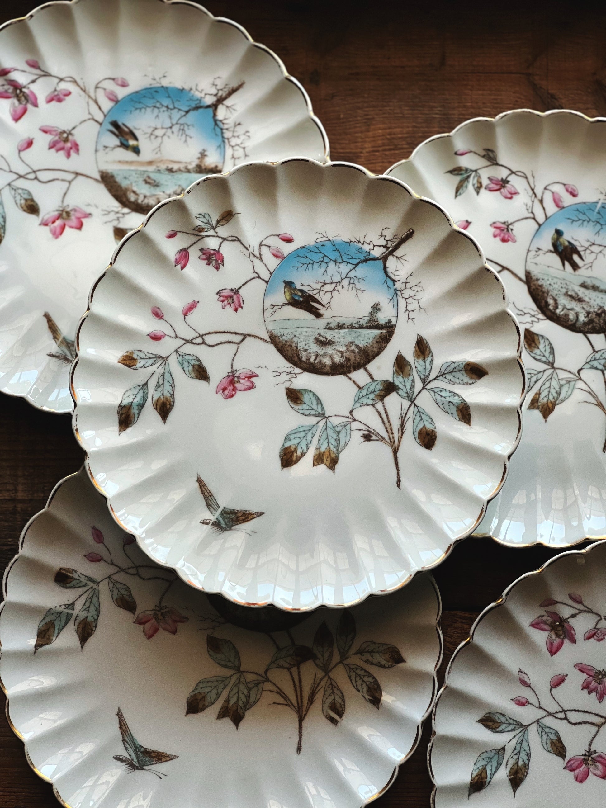 Set of decorative plates with floral and nature-themed designs on a wooden surface