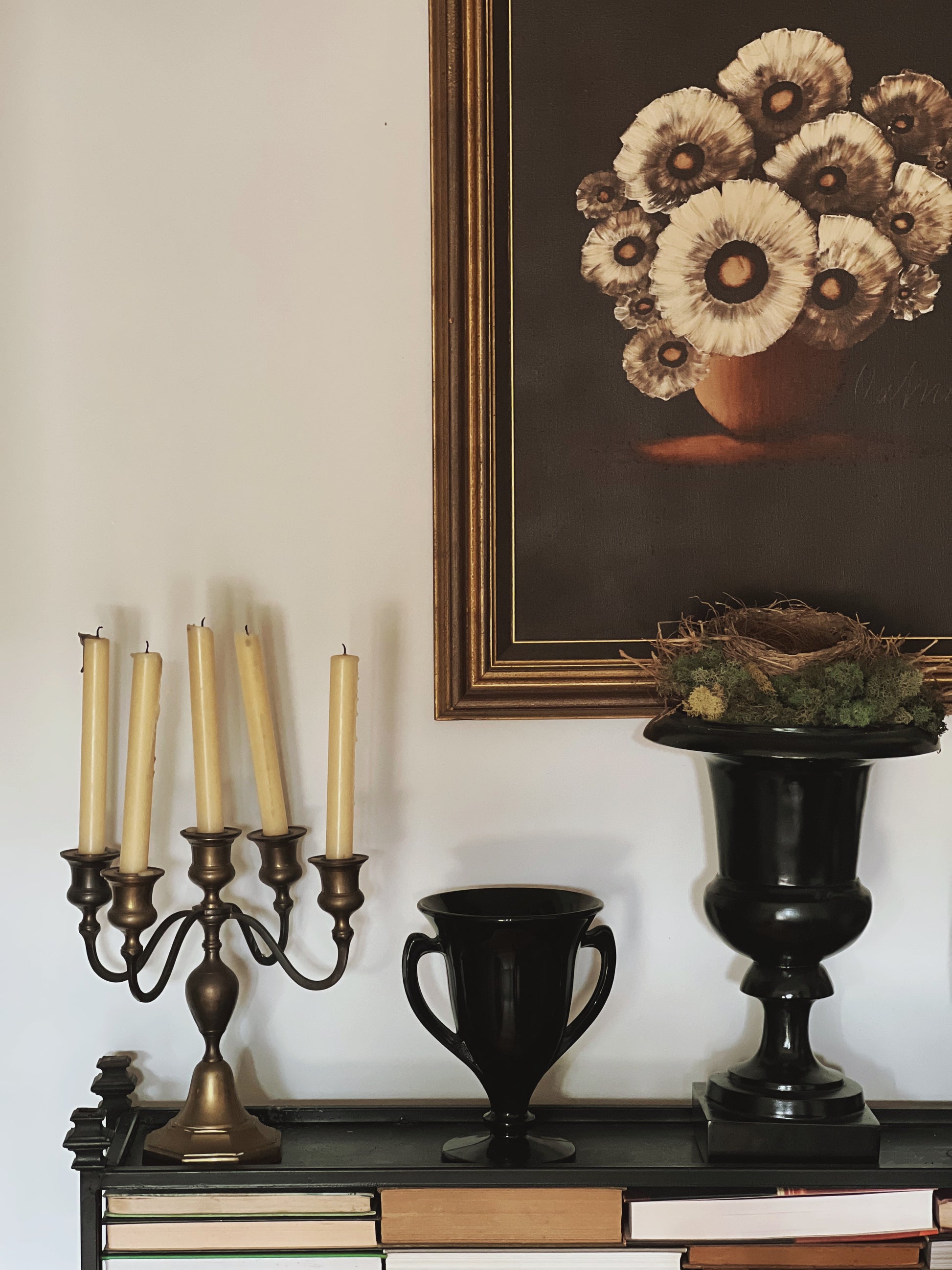 Large Black Urn with Birds Nest