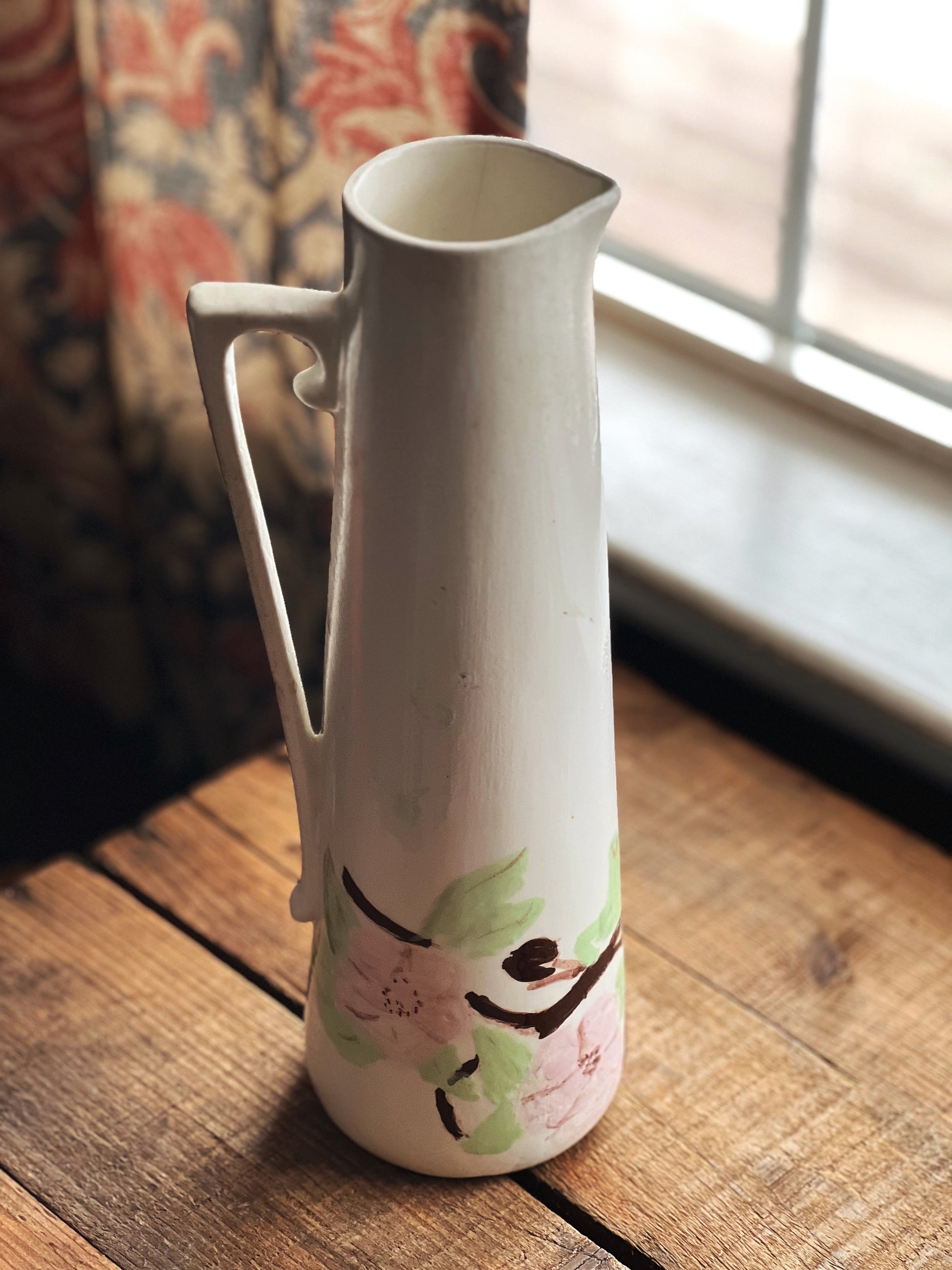 vintage floral pitcher with pink green and brown