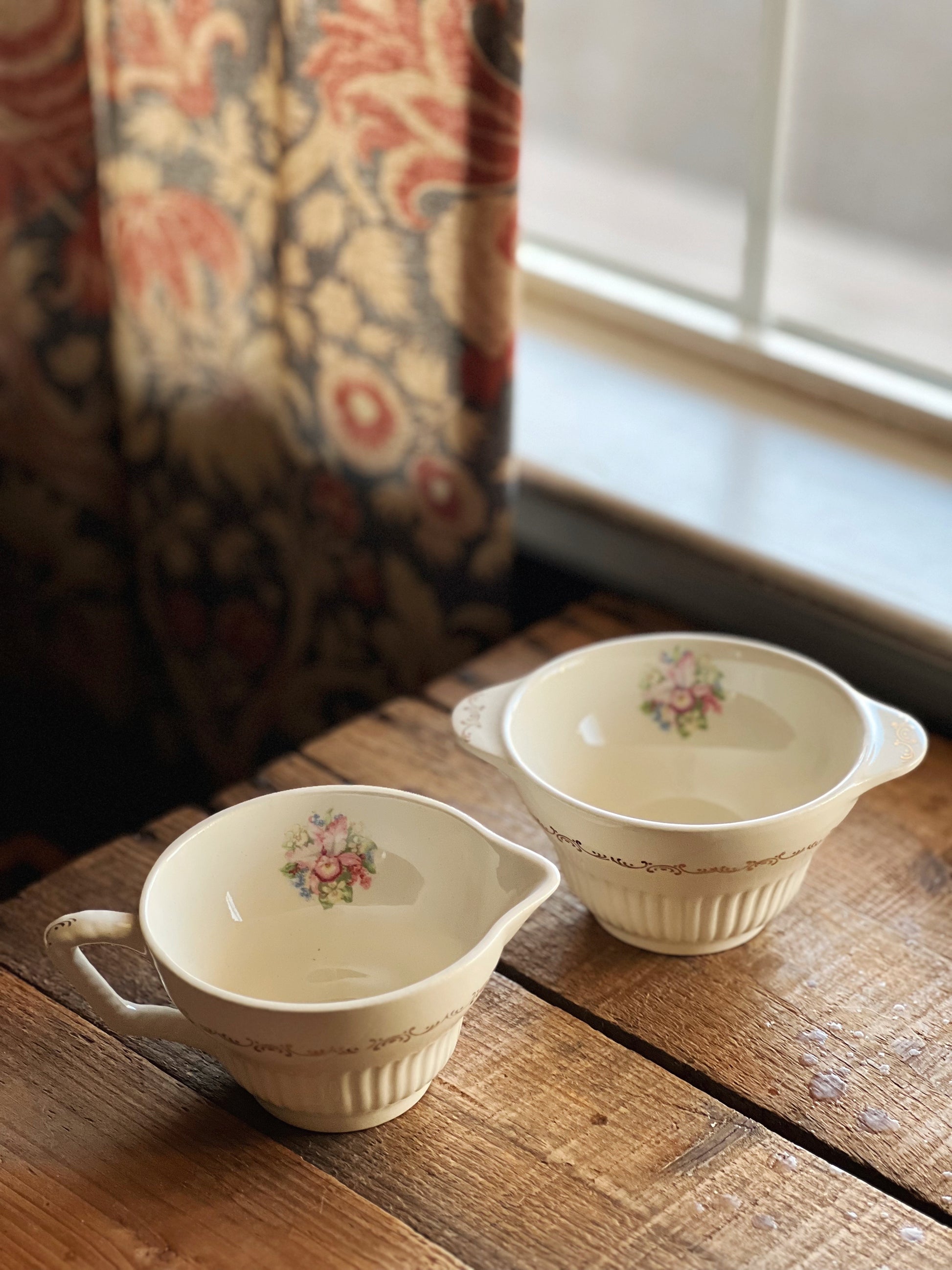 vintage creamer and sugar bowl set with pink floral design