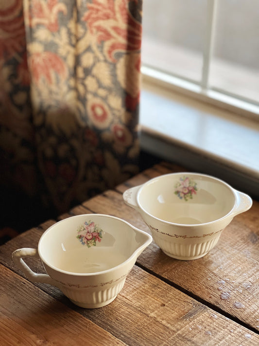 vintage creamer and sugar bowl set with pink floral design