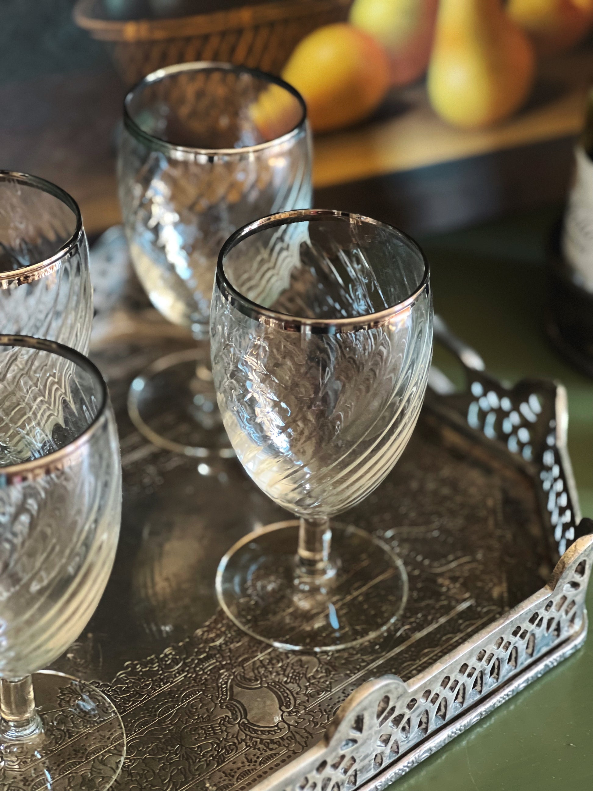 4 Vintage Etched Cocktail Martini Glasses, Set of 4 Mis-Matched