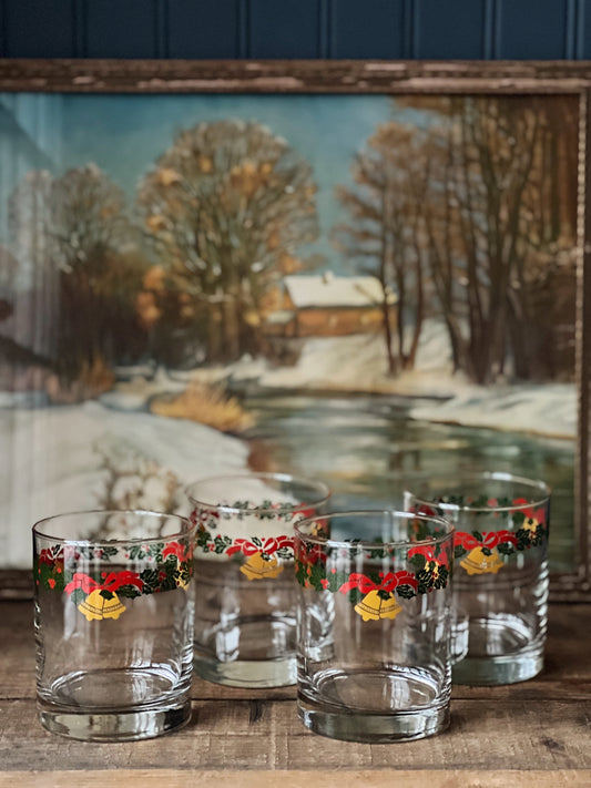Vintage Set of 5 Christmas Garland Double Old Fashioned Glasses