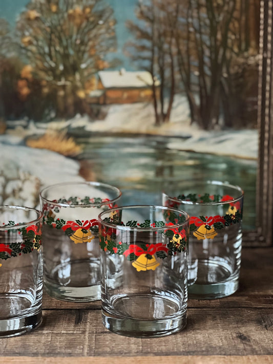 Vintage Set of 4 Christmas Garland Double Old Fashioned Glasses