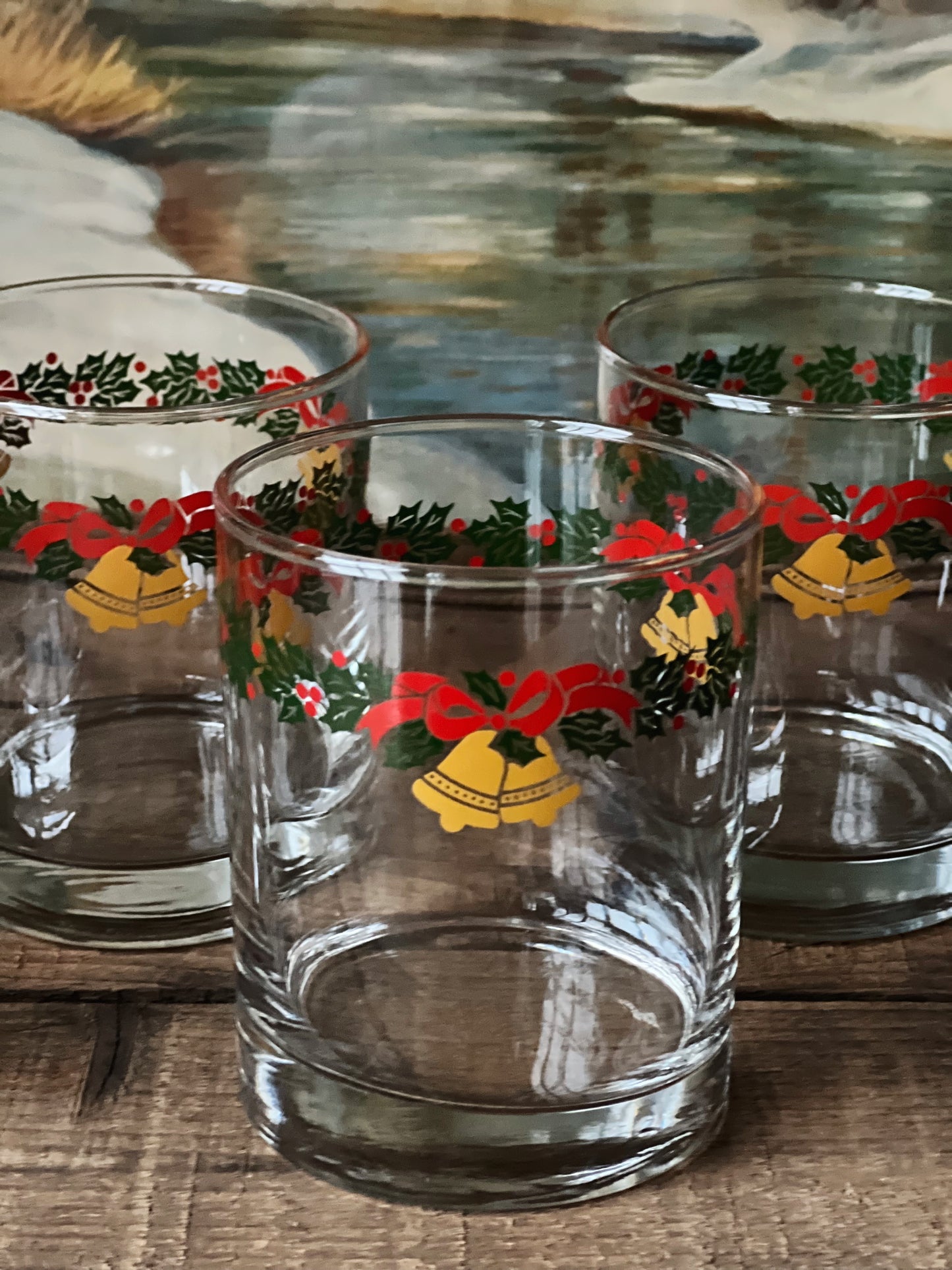 Vintage Set of 4 Christmas Garland Double Old Fashioned Glasses