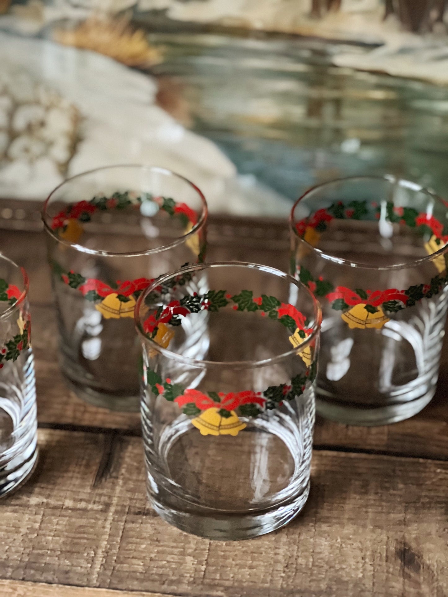 Vintage Set of 4 Christmas Garland Double Old Fashioned Glasses