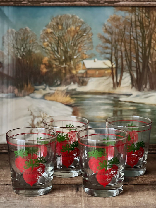 four red and green Christmas glasses