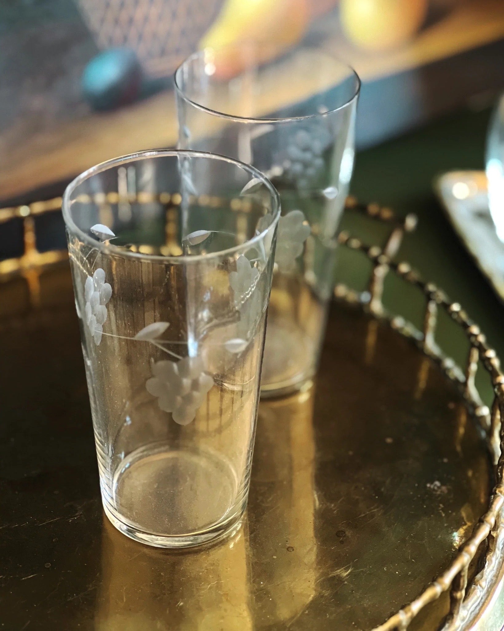 Pair of Vintage Etched Highball Glasses / Tumblers