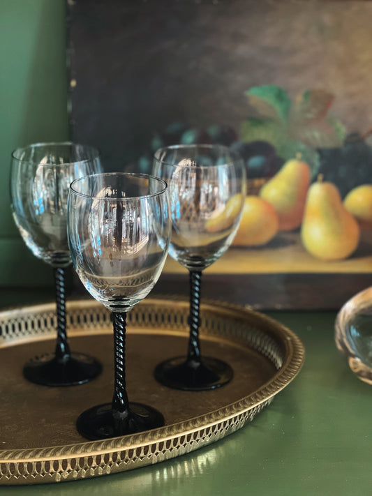 Set of 3 Vintage Black 'Twist' Stem Wine Glasses