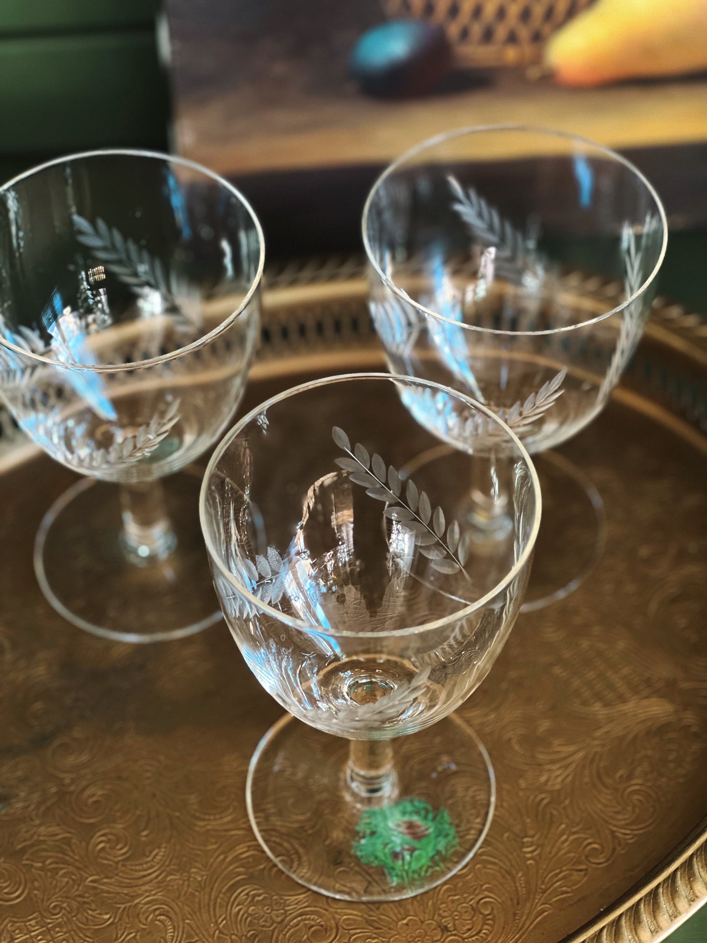 Vintage Set of 3 Etched Wine Glasses