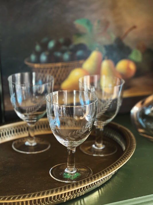 Vintage Set of 3 Etched Wine Glasses