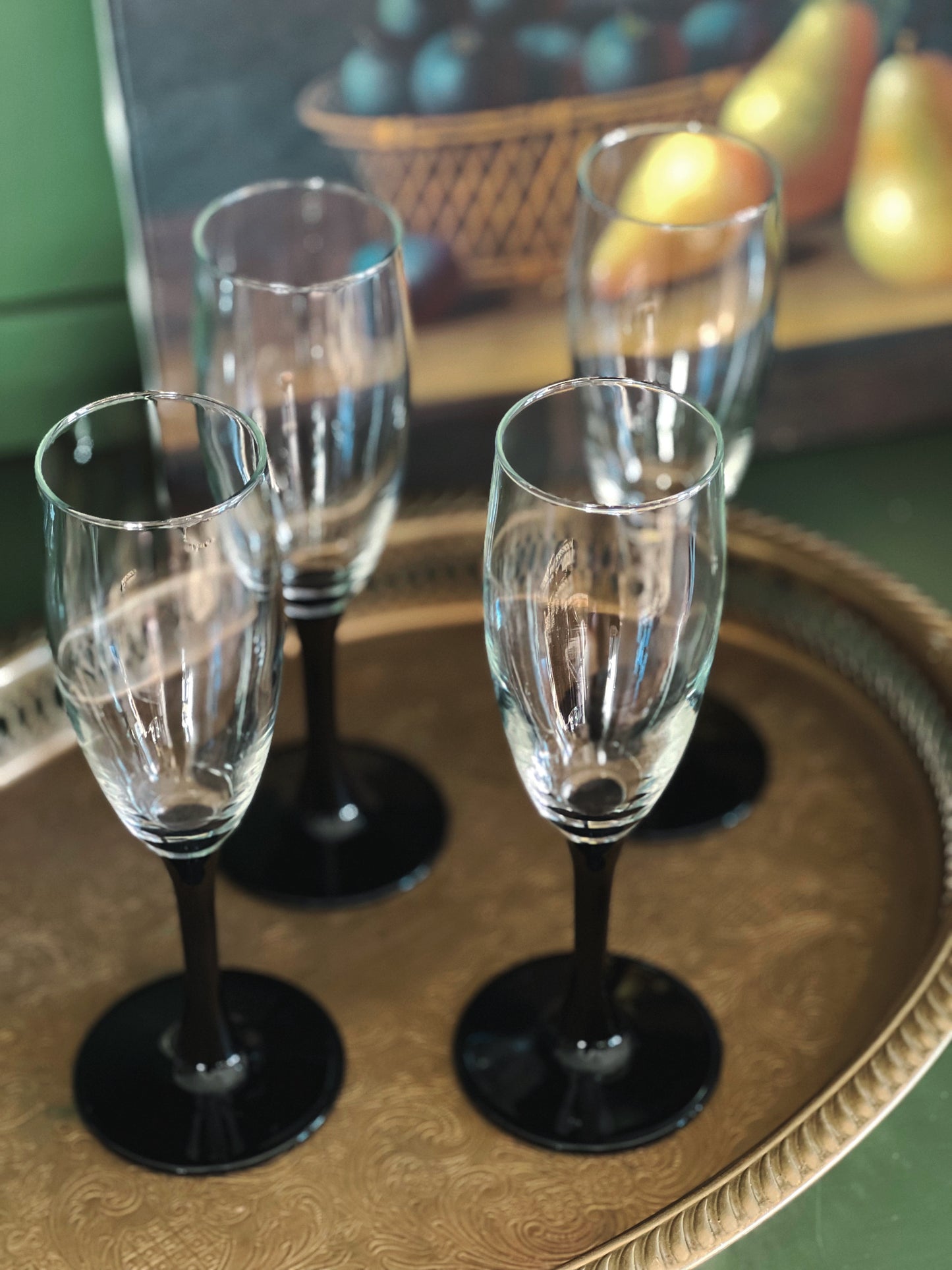 Set of 4 Vintage Black Stem Champagne Flutes