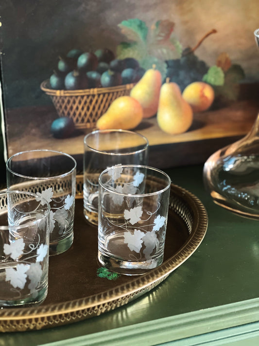 Set of 4 Vintage Frosted Grapevine Double Old Fashioned Glasses