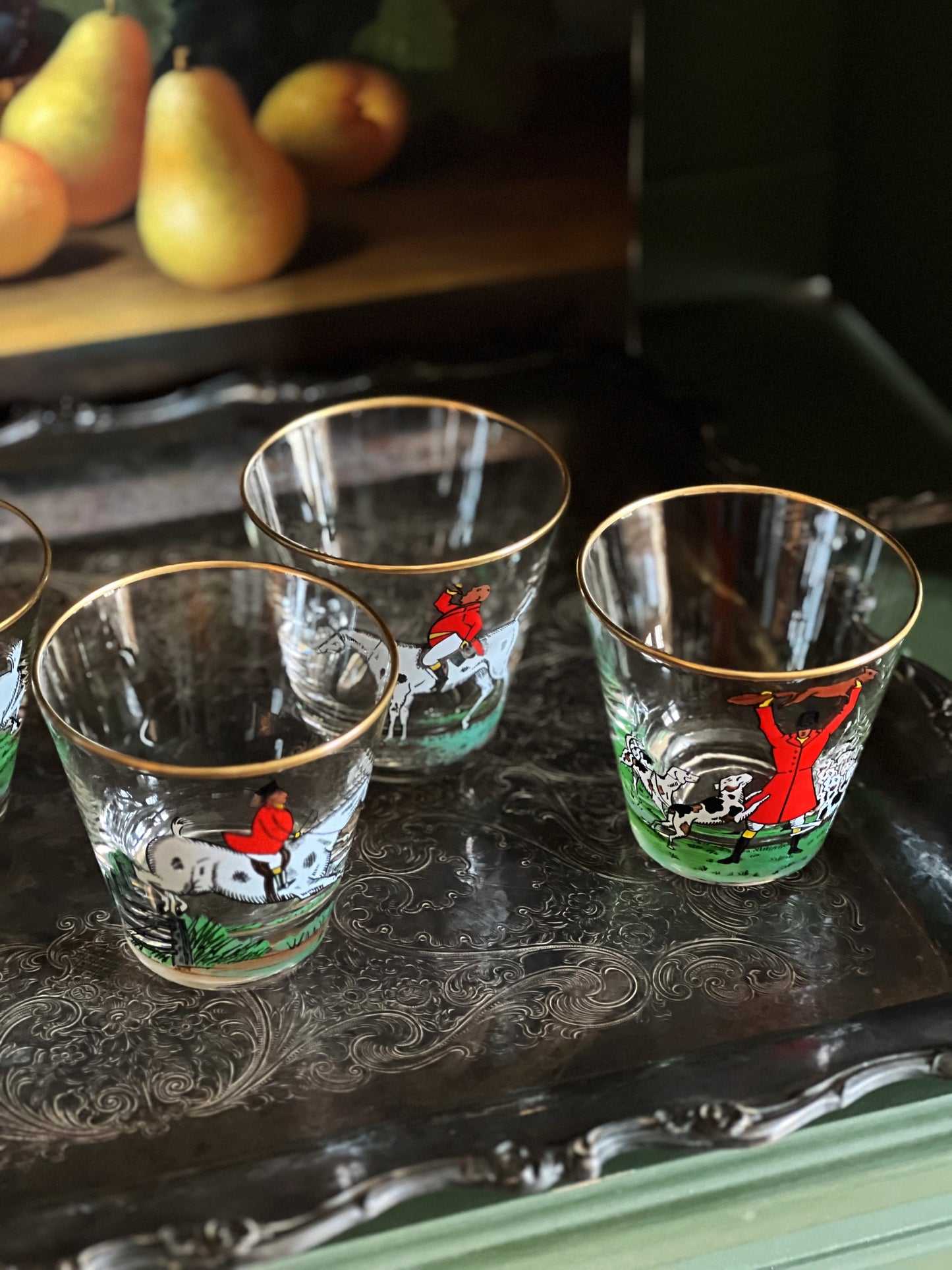 Set of 6 Vintage Fox Hunt Double Old Fashioned Glasses