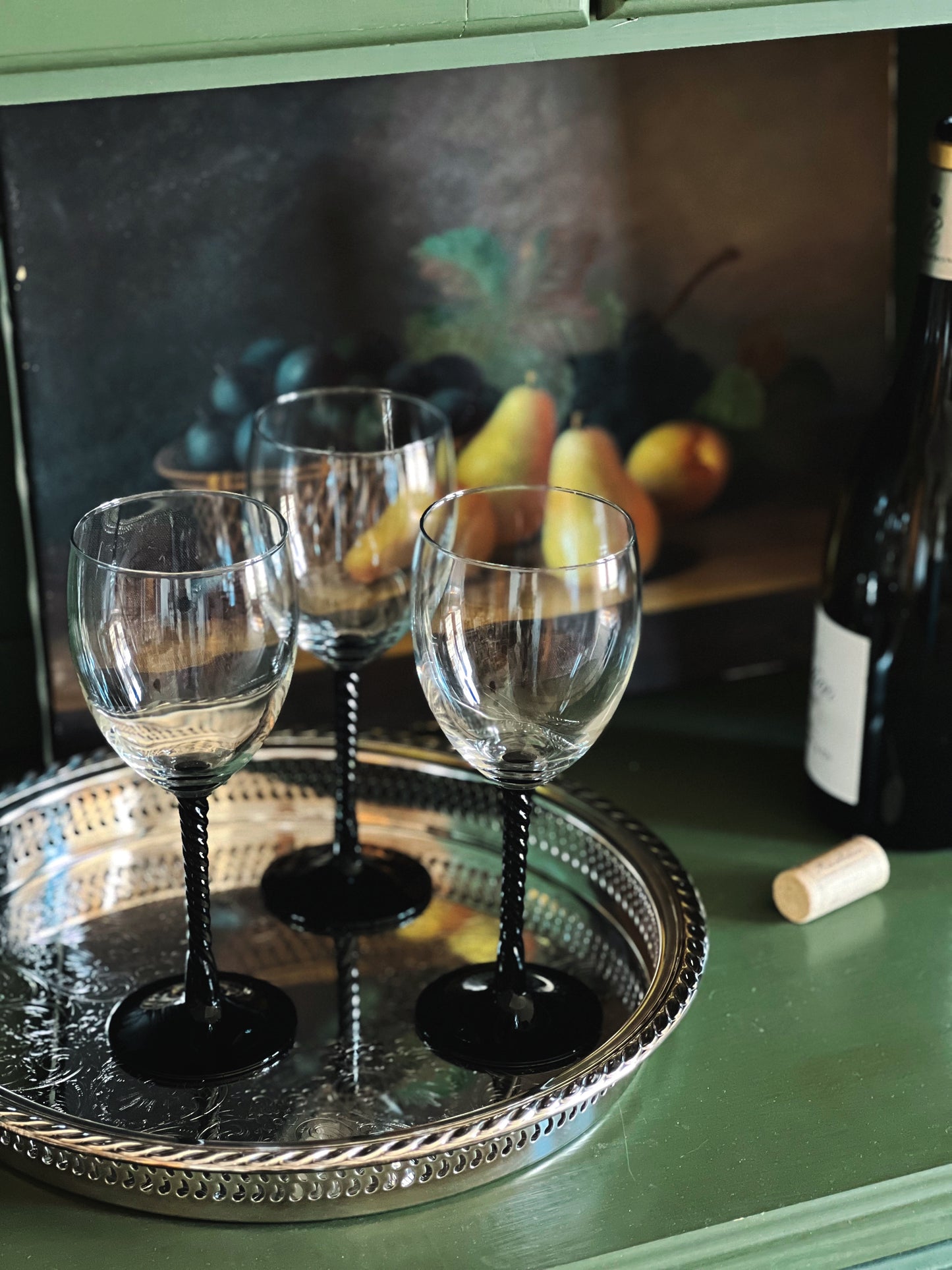 Set of 3 Vintage Black 'Twist' Stem Wine Glasses