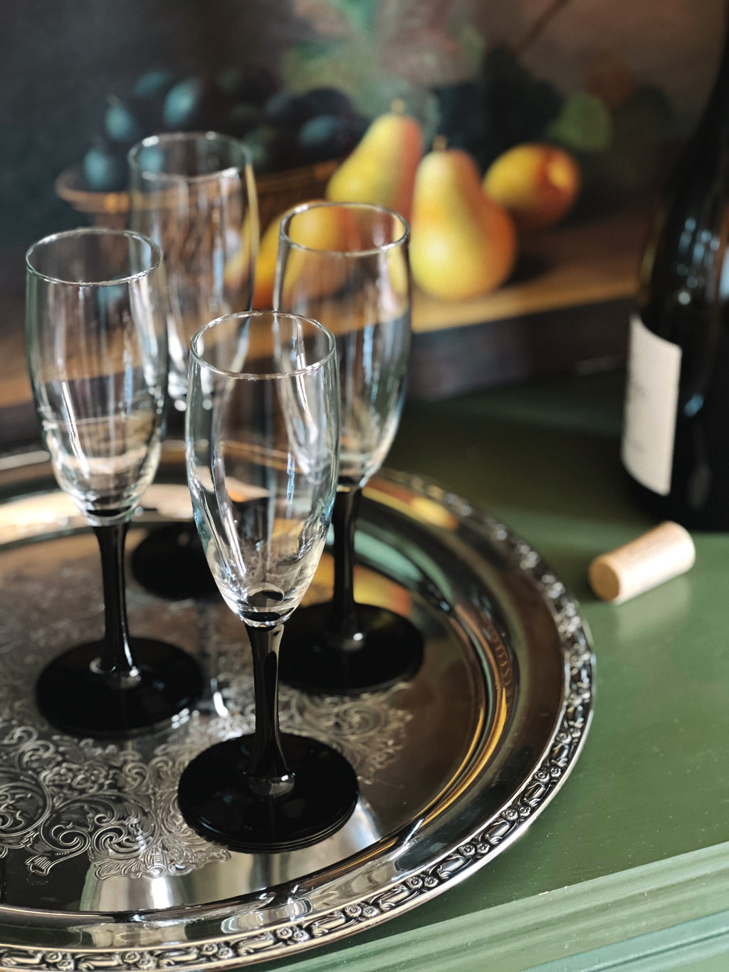 Set of 4 Vintage Black Stem Champagne Flutes