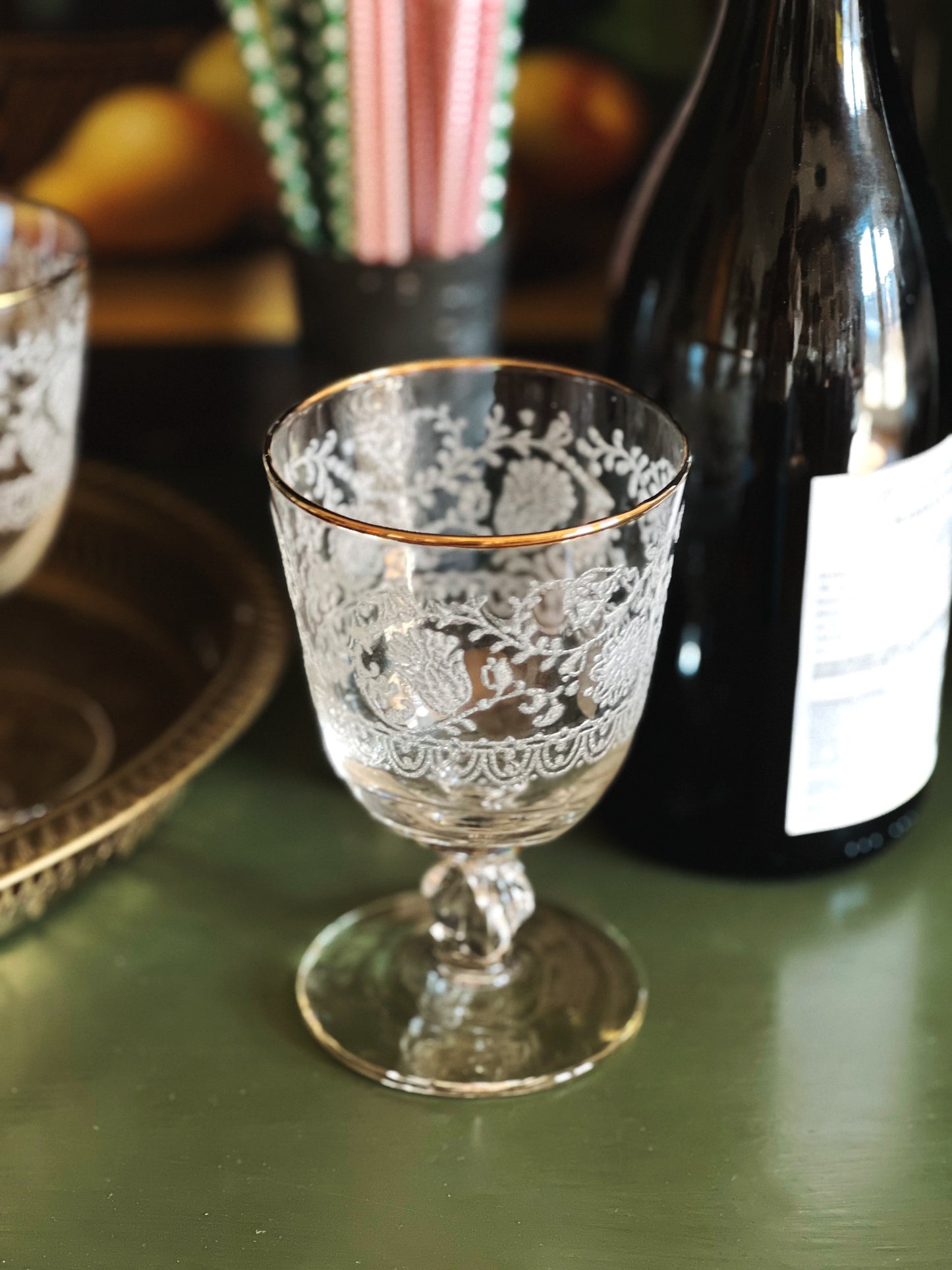Vintage Frosted Filigree Wine Glass