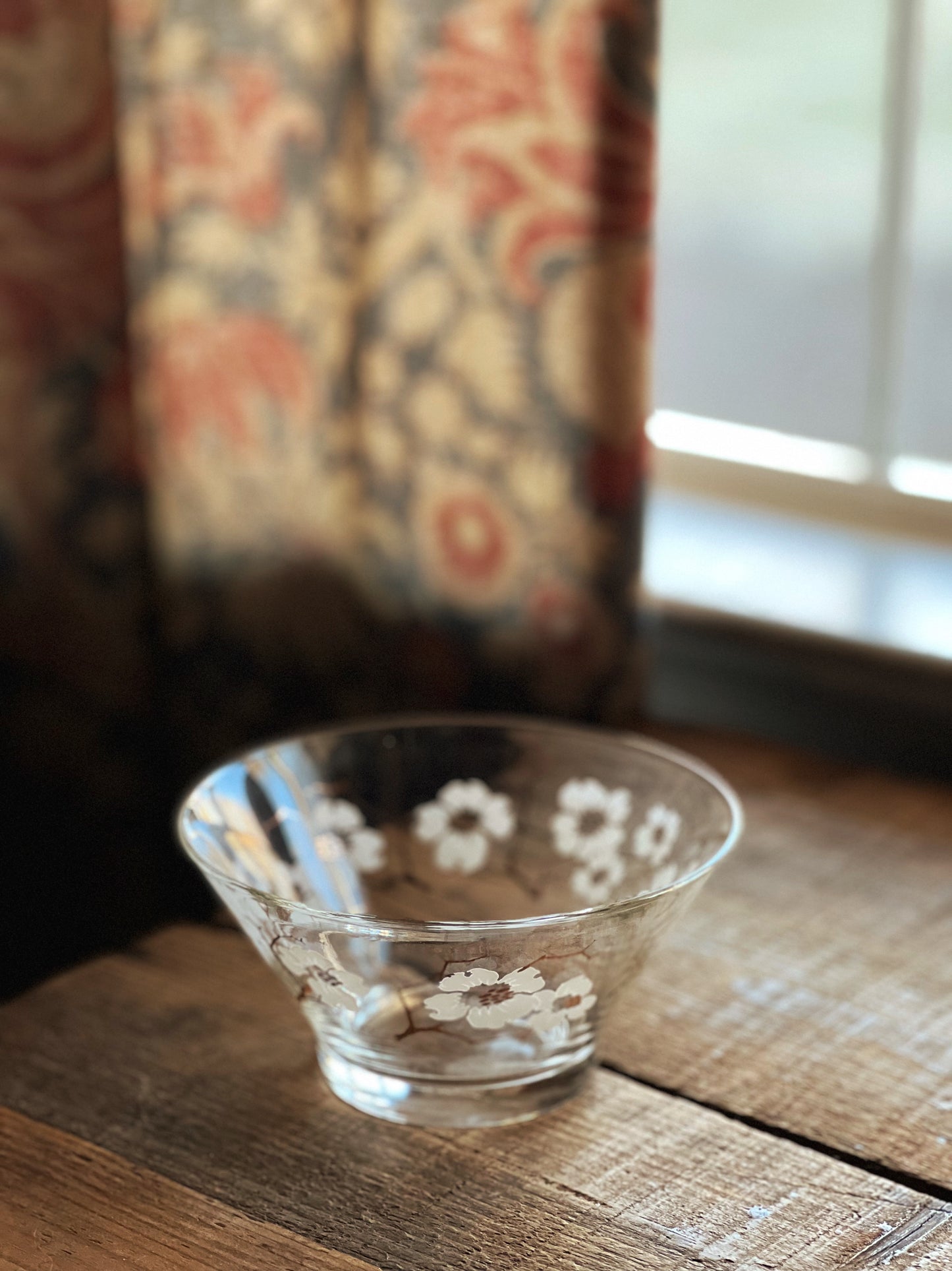 small glass bowl with a cherry blossom design