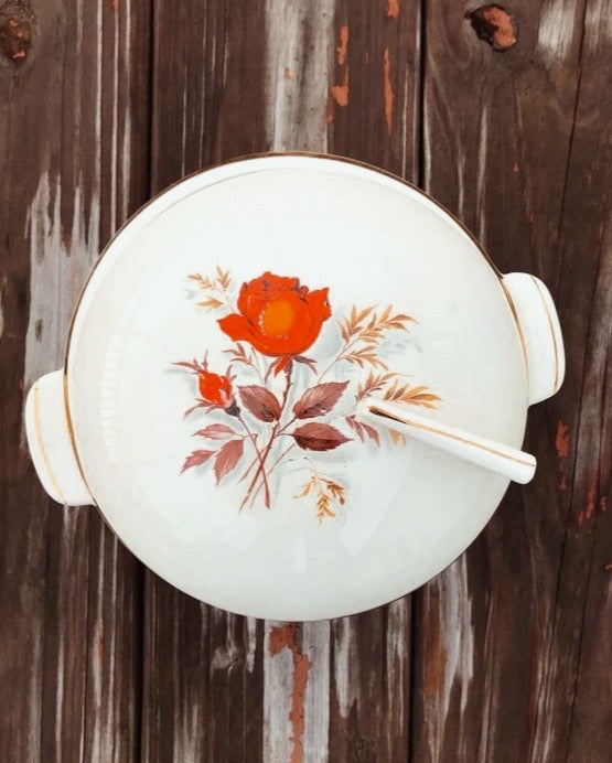 Vintage Triumph American Limoges Vermillion Rose Covered Casserole / Soup Tureen