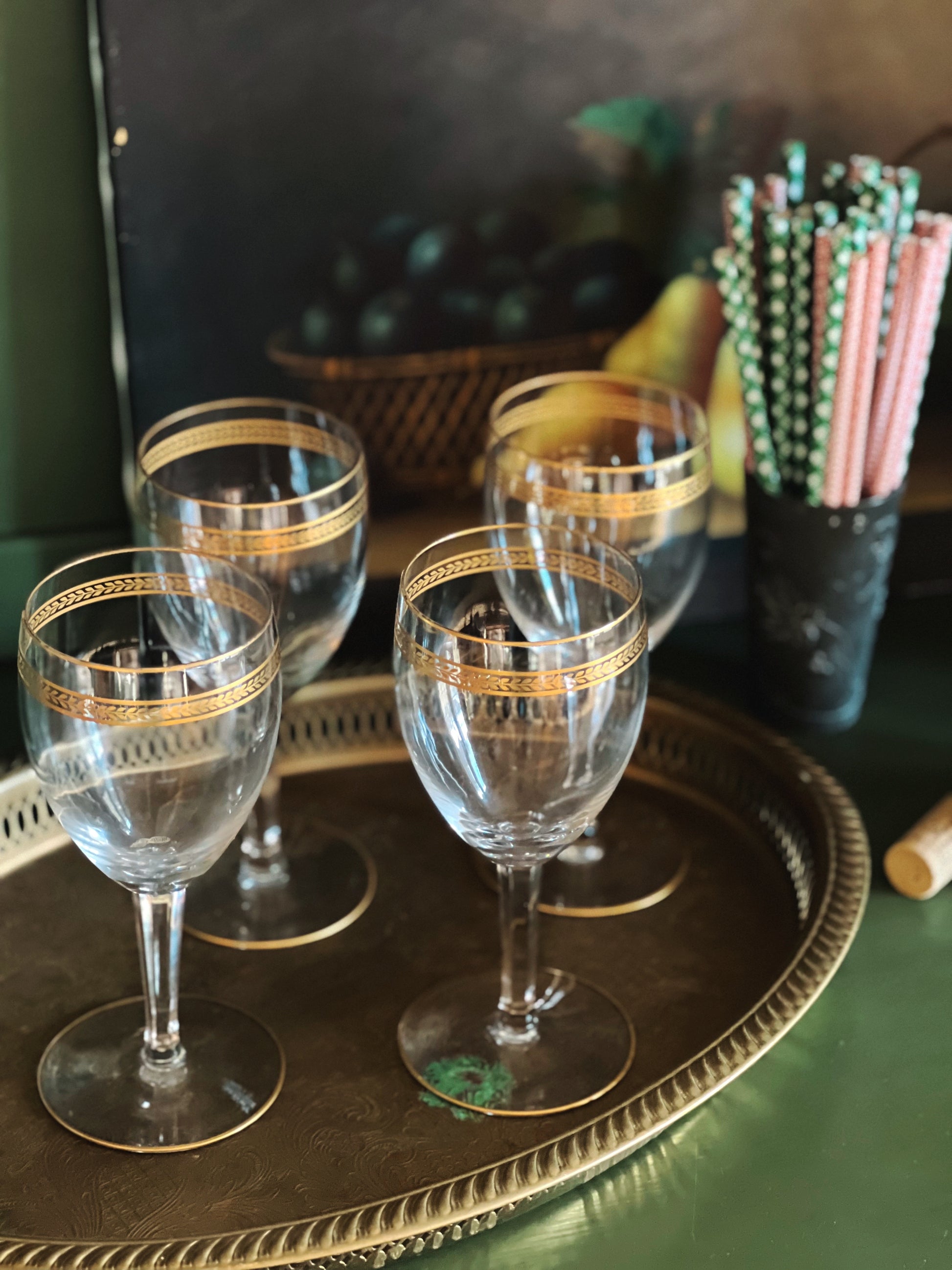 Set of 4 Vintage Crystal Gold Laurel Rim Wine Glasses