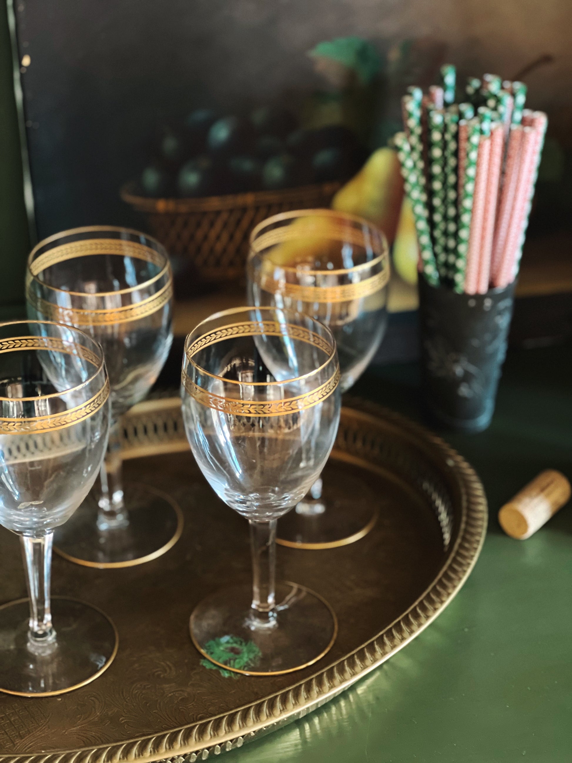 Set of 4 Vintage Crystal Gold Laurel Rim Wine Glasses