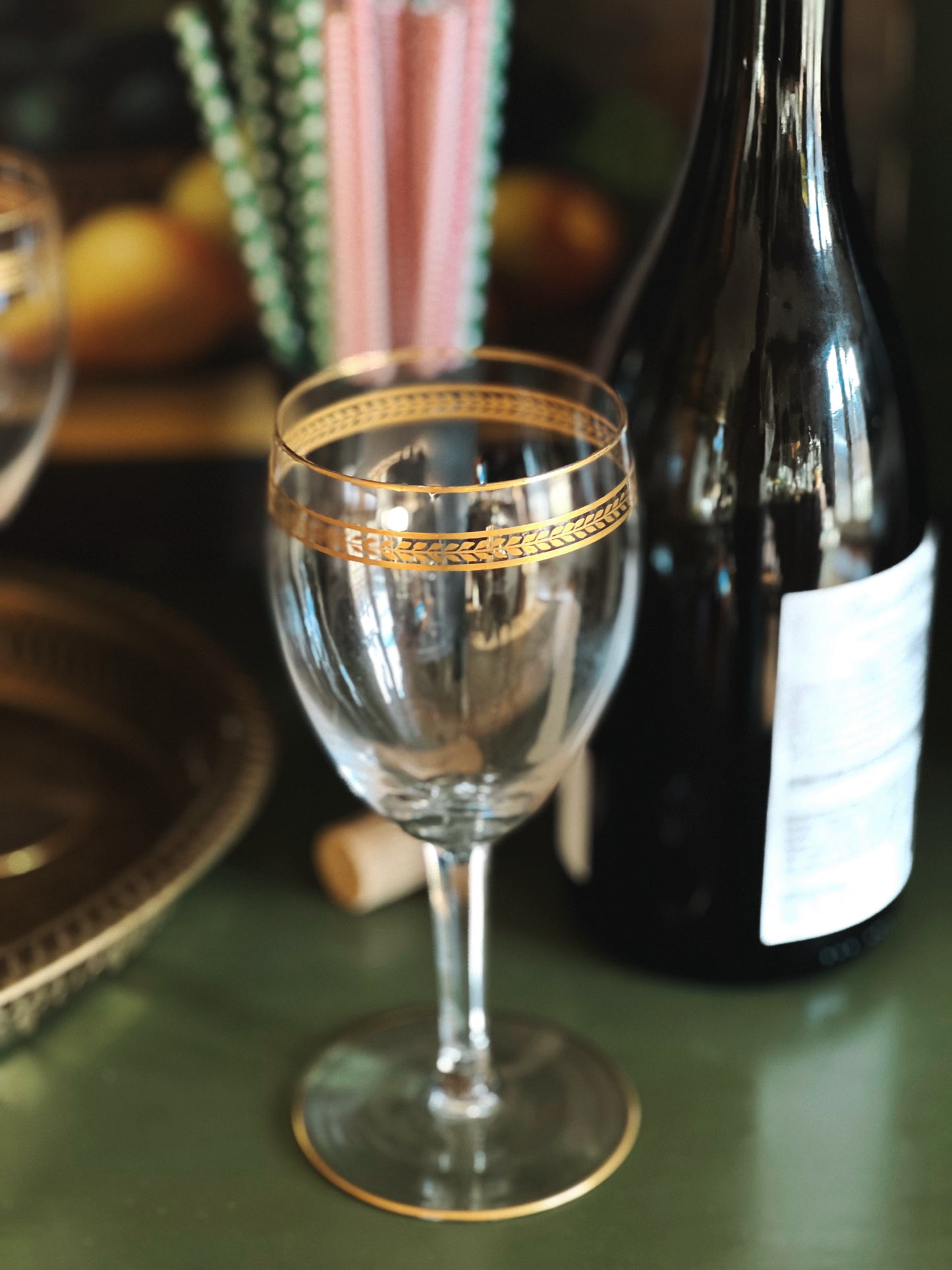 Set of 4 Vintage Crystal Gold Laurel Rim Wine Glasses