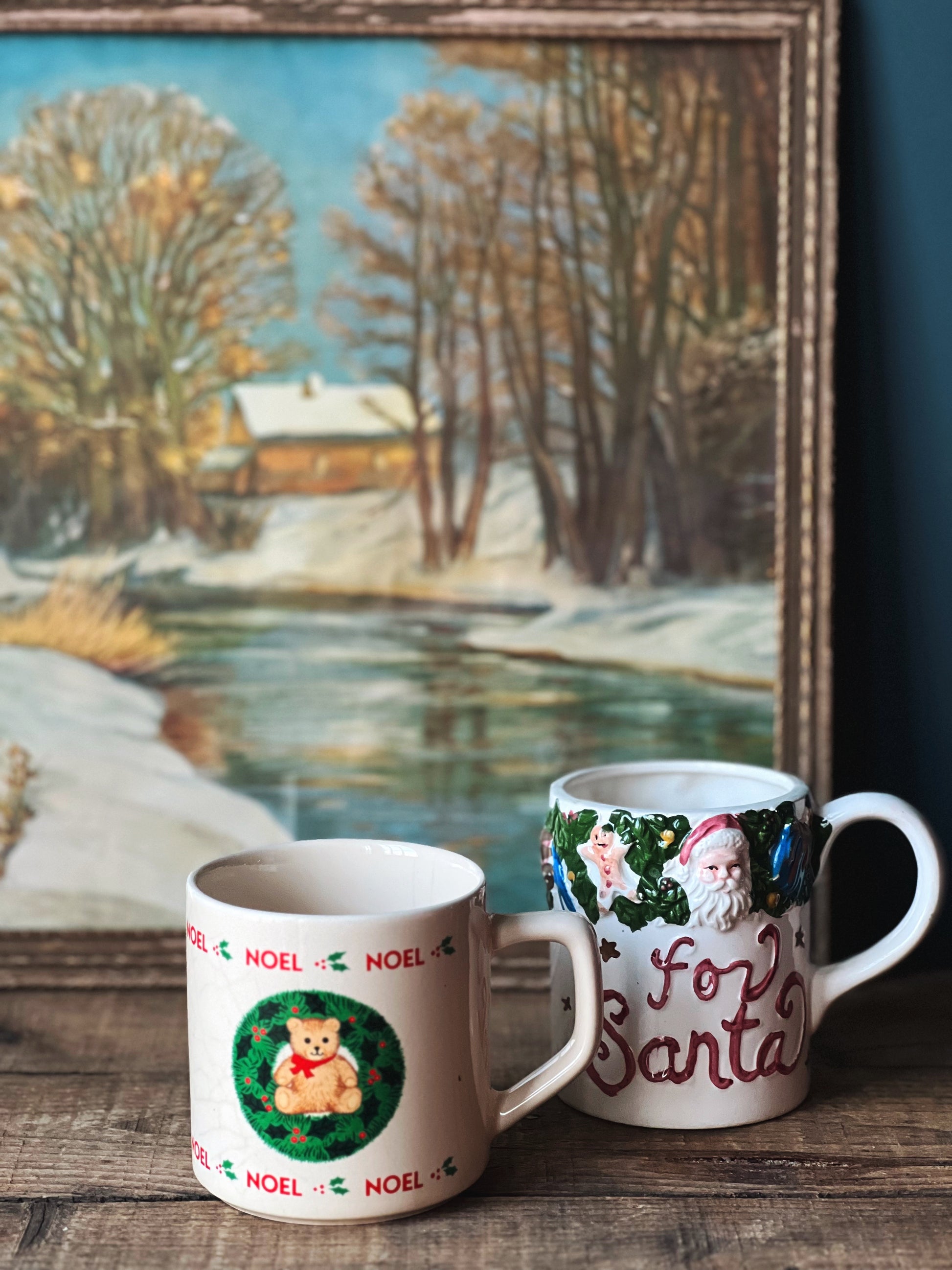 pair of mix matched Christmas mugs