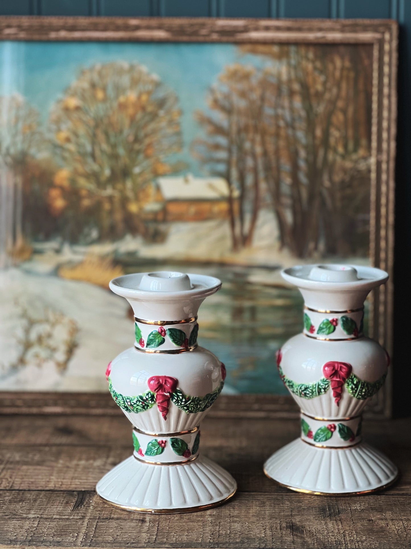 Pair of Vintage Ceramic Christmas Candleholders