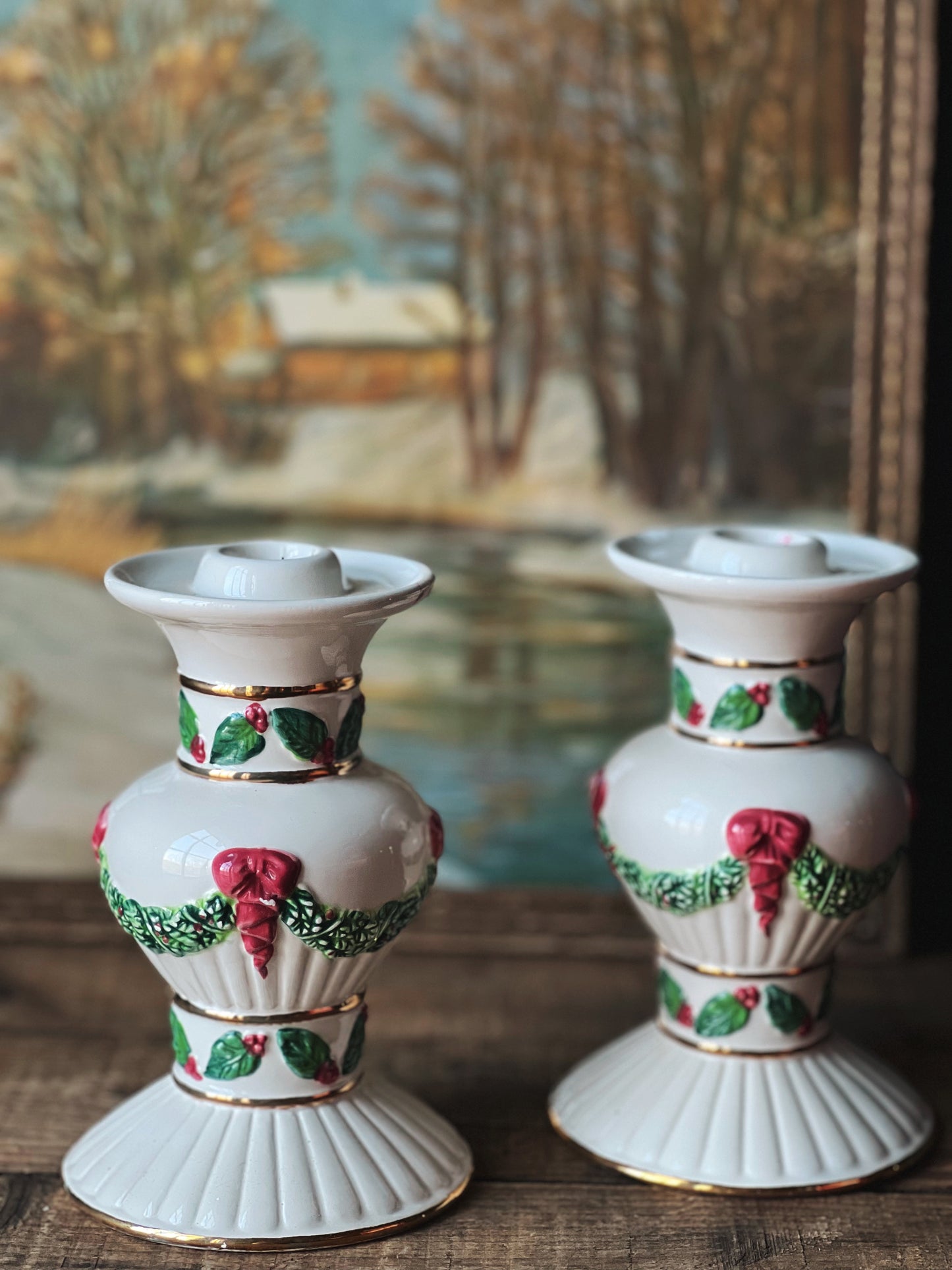 Pair of Vintage Ceramic Christmas Candleholders