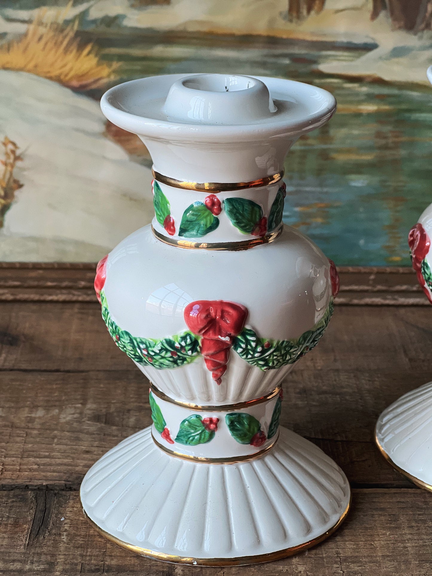 Pair of Vintage Ceramic Christmas Candleholders