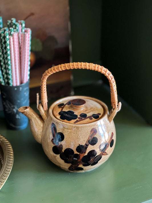 Vintage Stoneware Teapot with Rattan Handle
