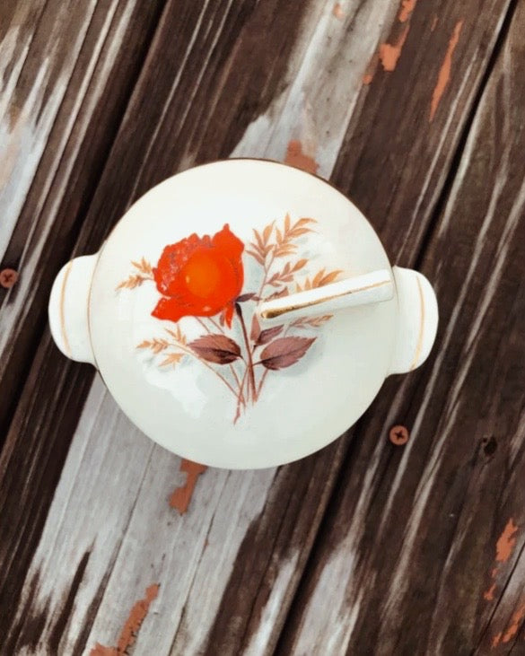 Vintage Triumph American Limoges Vermillion Rose Sugar Bowl