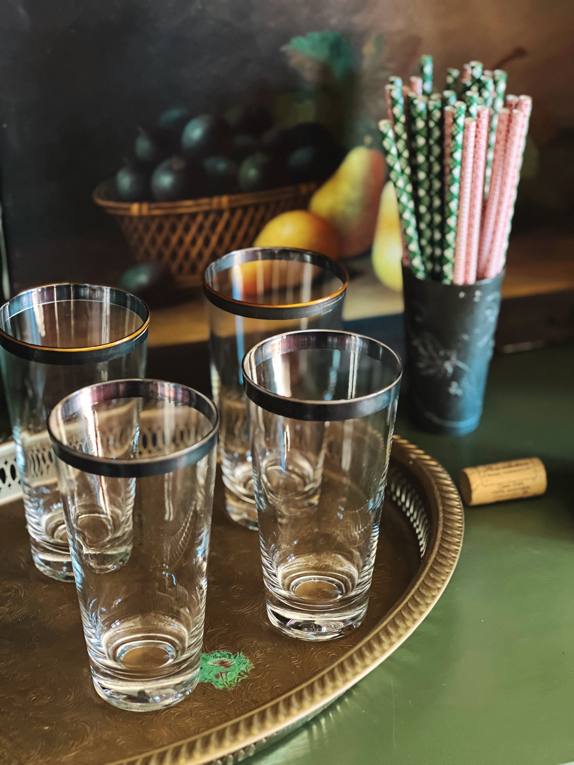 Set of 4 Vintage Black Rim Highball Glasses