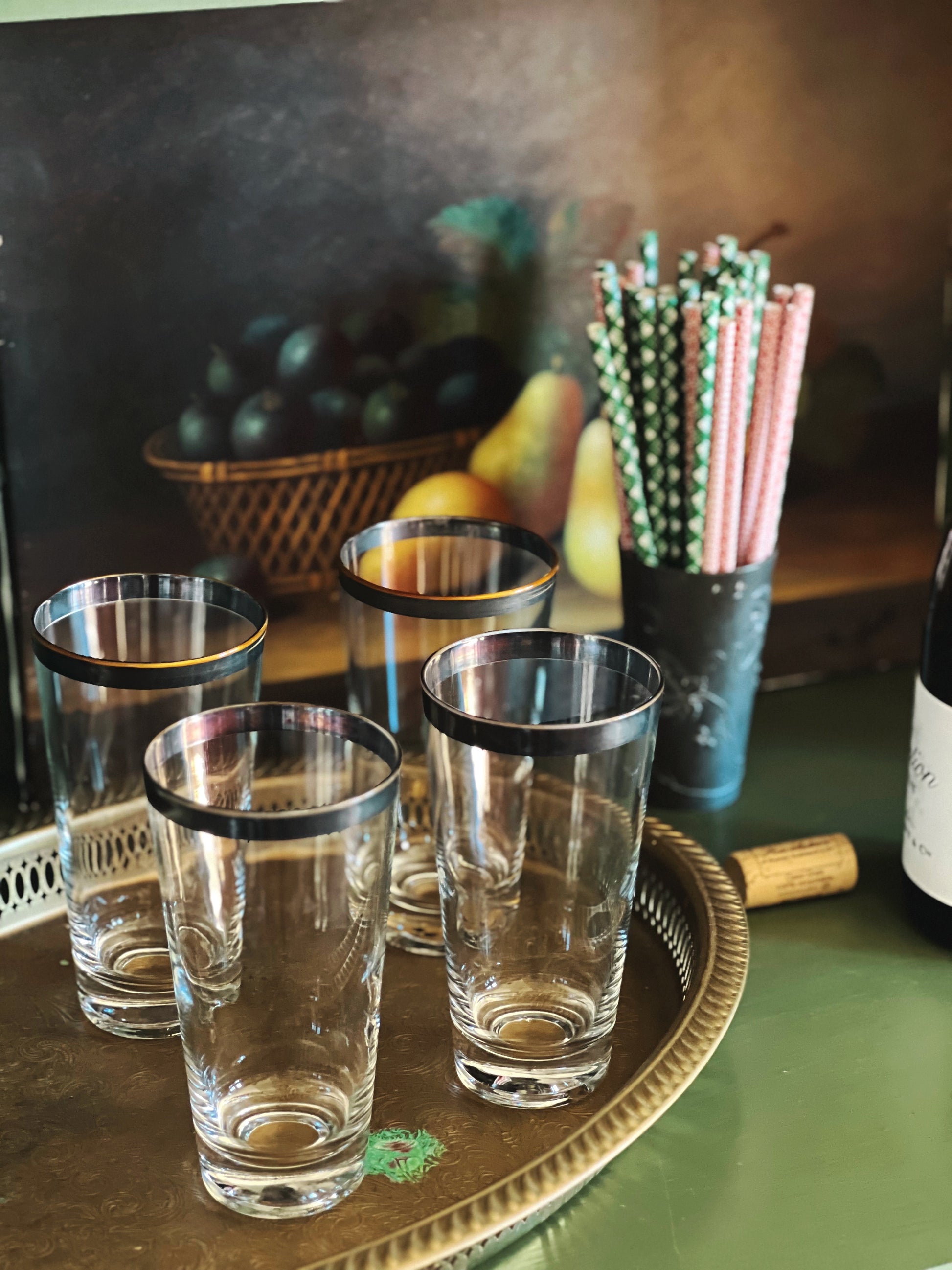 Set of 4 Vintage Black Rim Highball Glasses