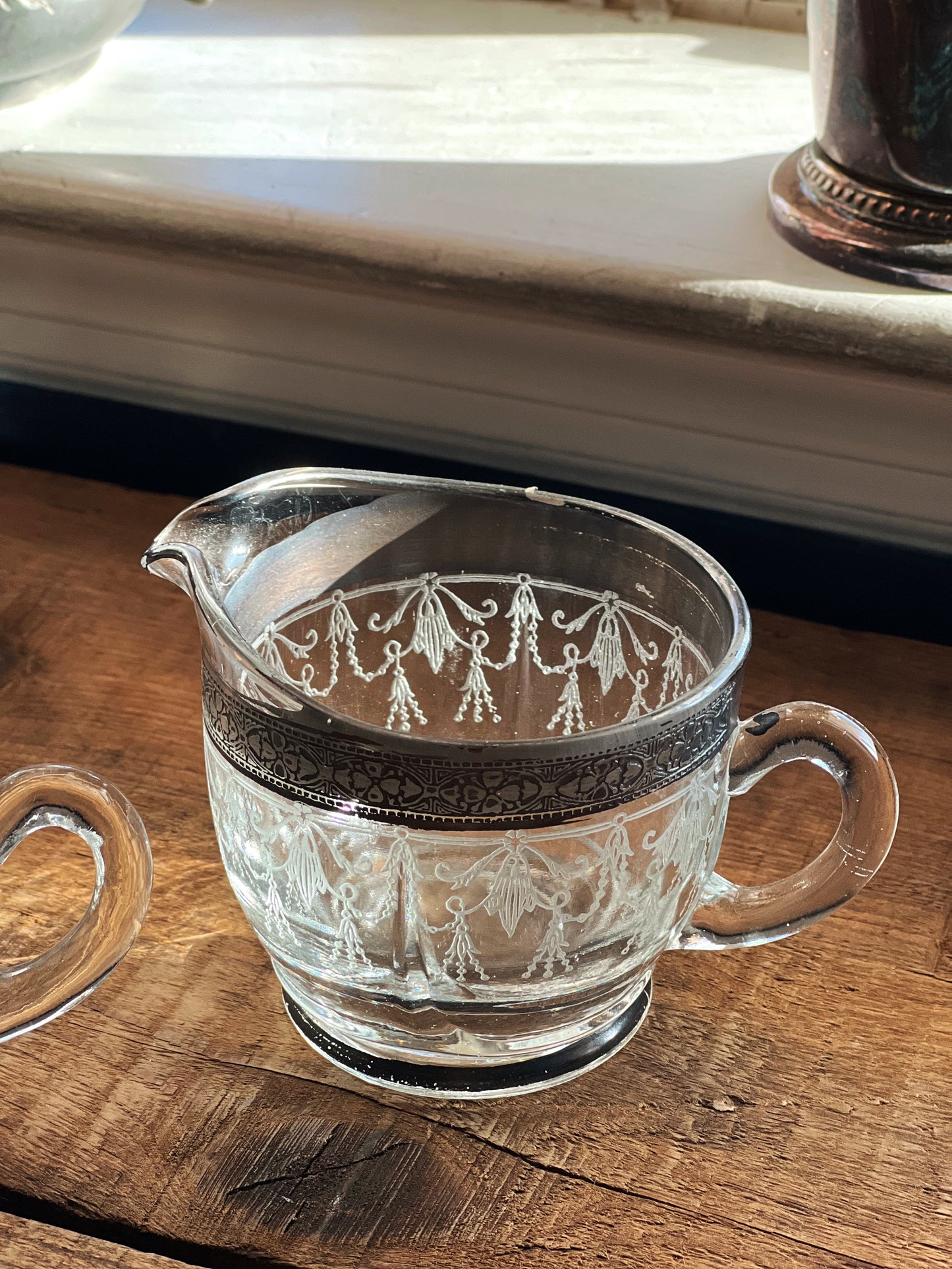 Vintage Etched Glass Silver Rim Creamer & Sugar Bowl Set