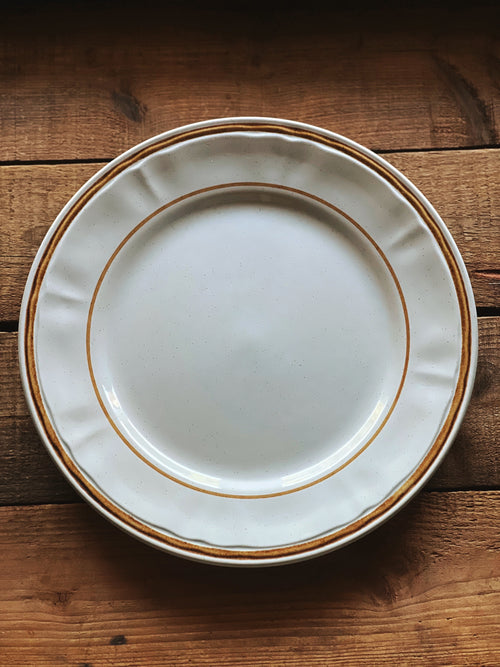 White plate with gold rim on a wooden surface