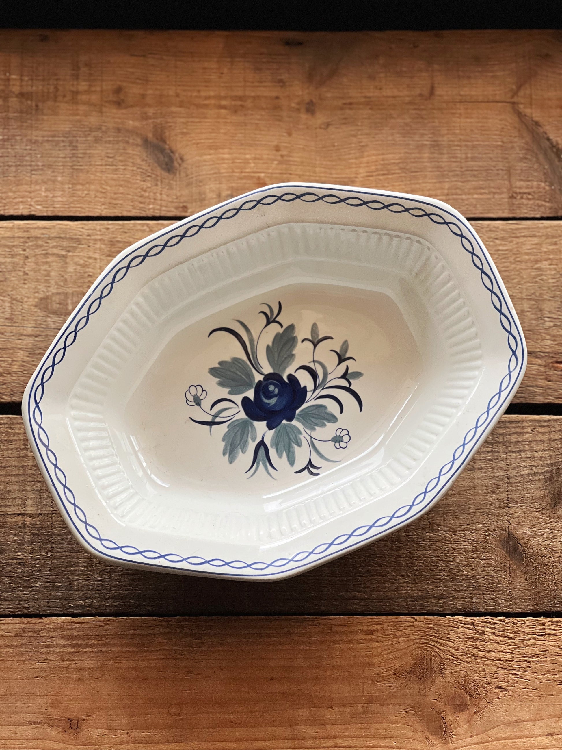 navy and white floral vegetable bowl