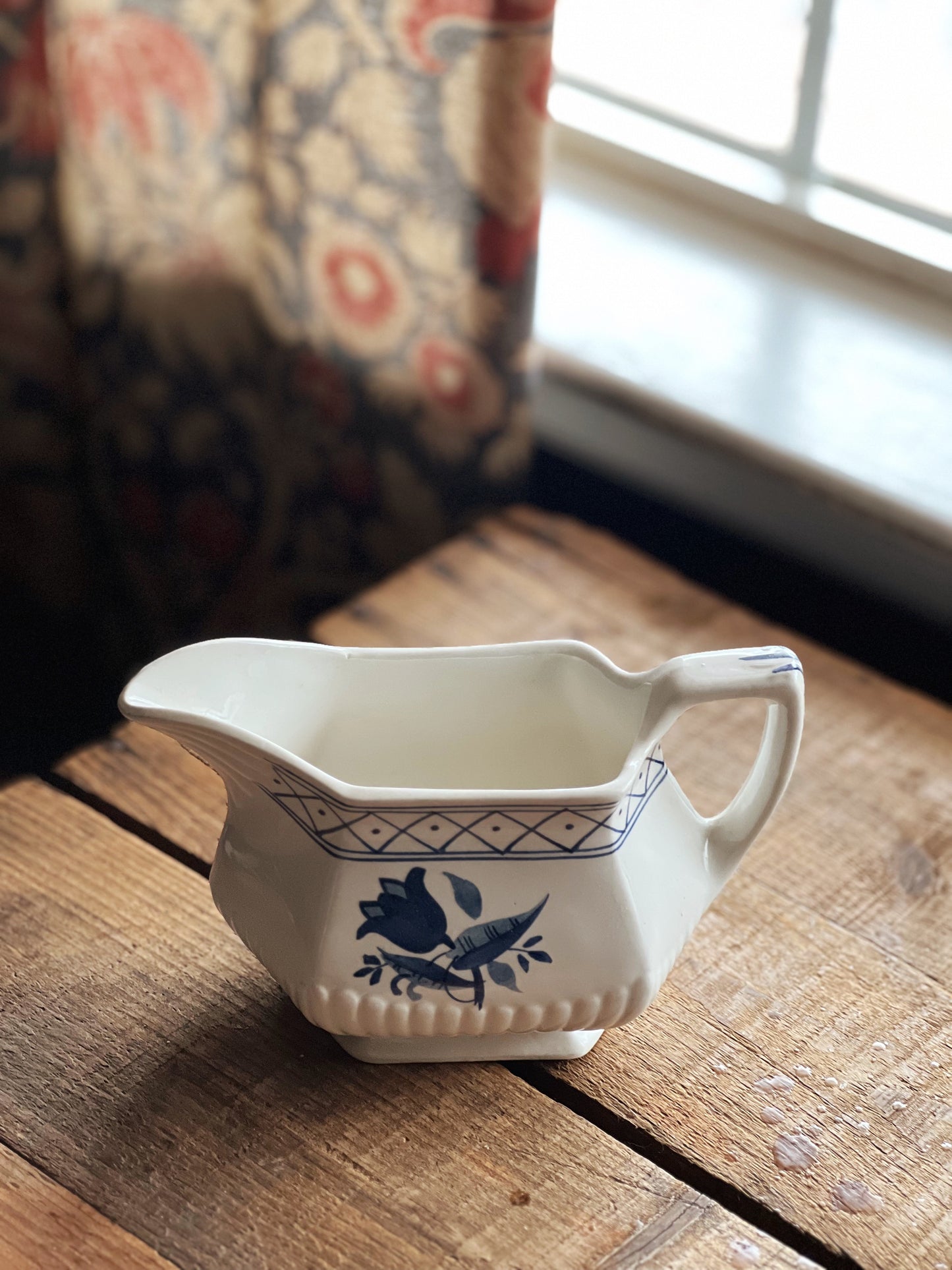 navy and white floral gravy boat