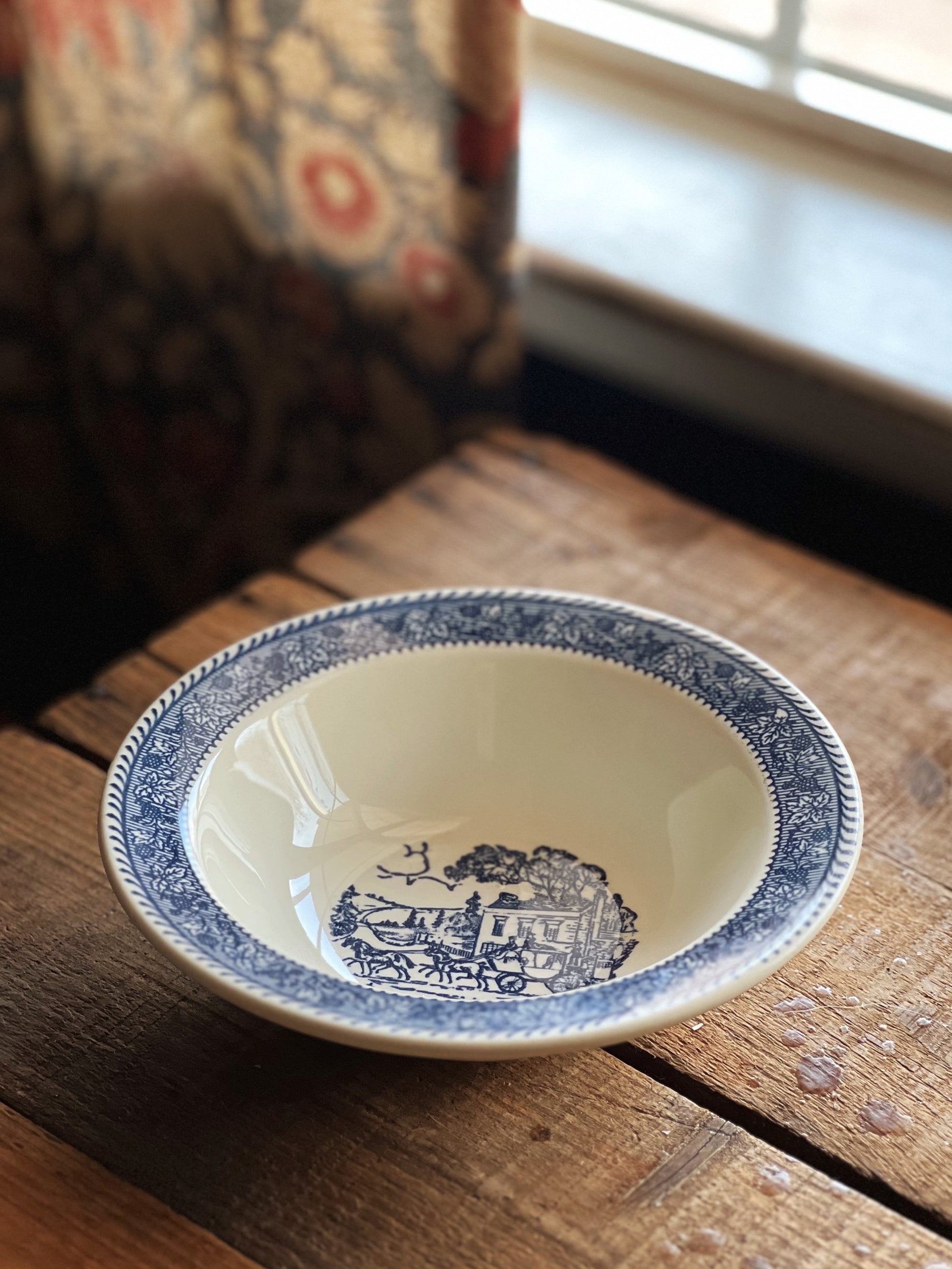 blue and white transferware cereal bowl