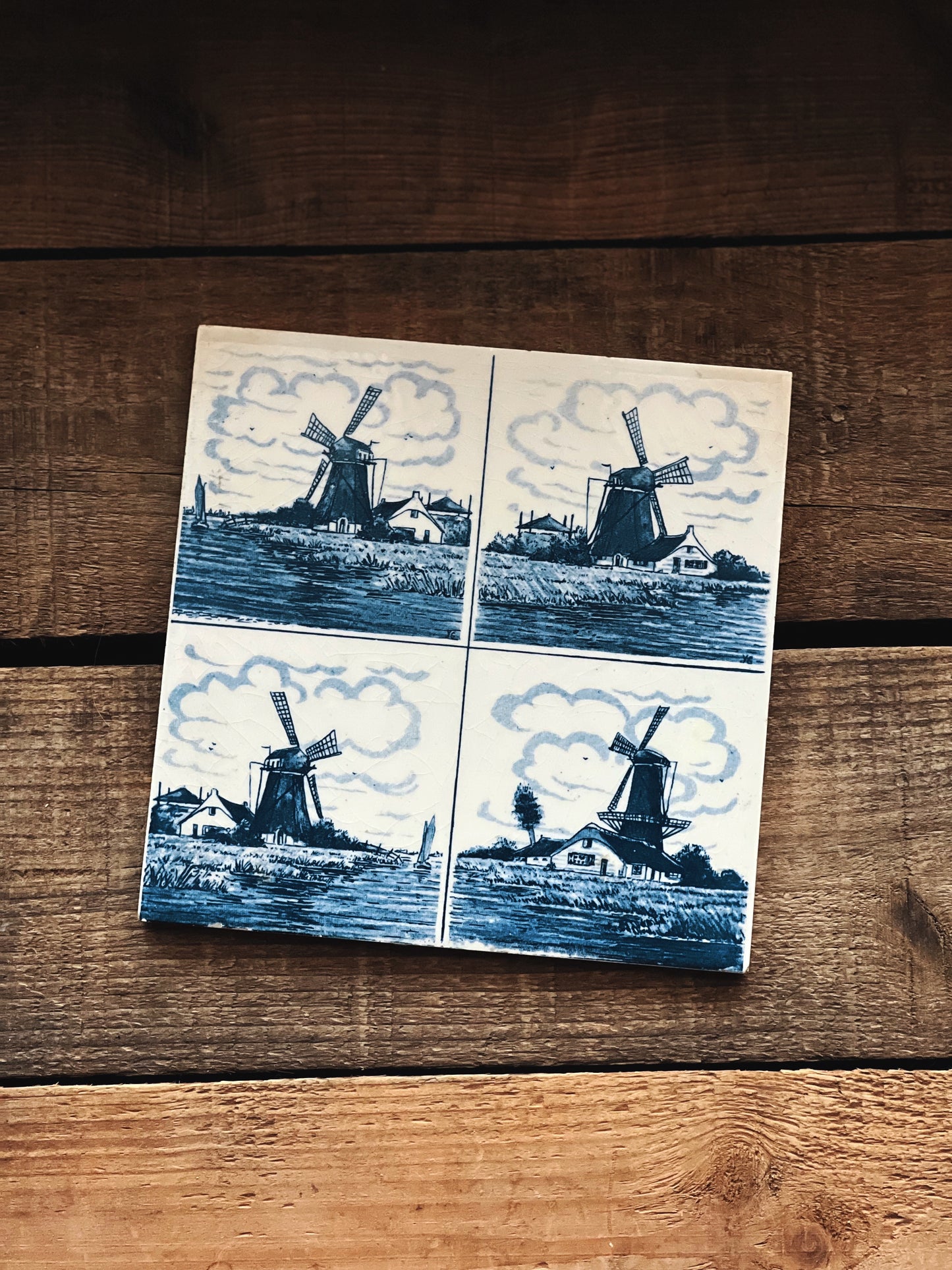 Vintage Delft Style Tile with Various Windmill Scenes