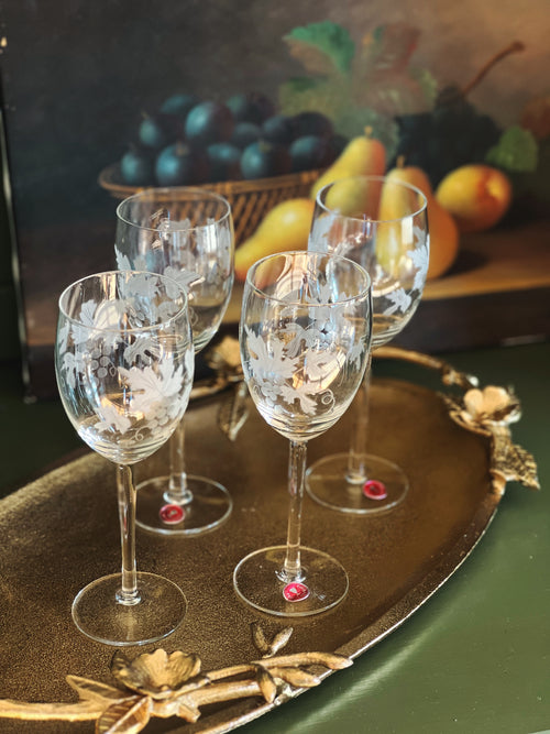 Set of 4 Etched Vintage Romanian Crystal Wine Glasses