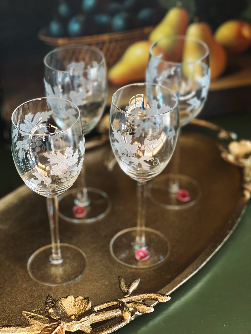 Set of 4 Etched Vintage Romanian Crystal Wine Glasses