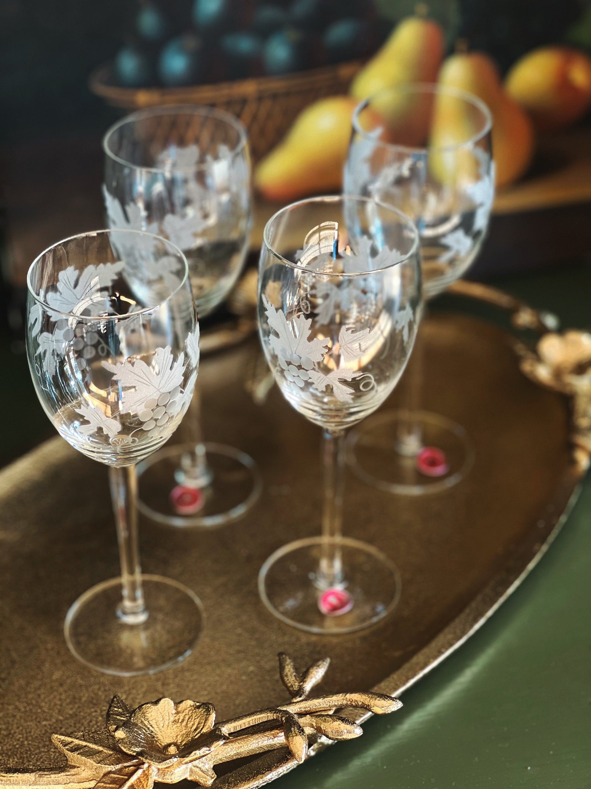 Set of 4 Etched Vintage Romanian Crystal Wine Glasses