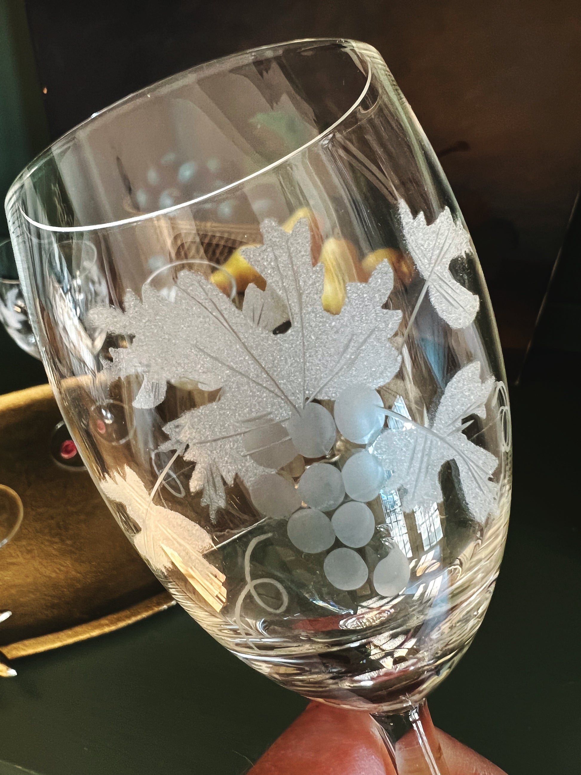 Set of 4 Etched Vintage Romanian Crystal Wine Glasses