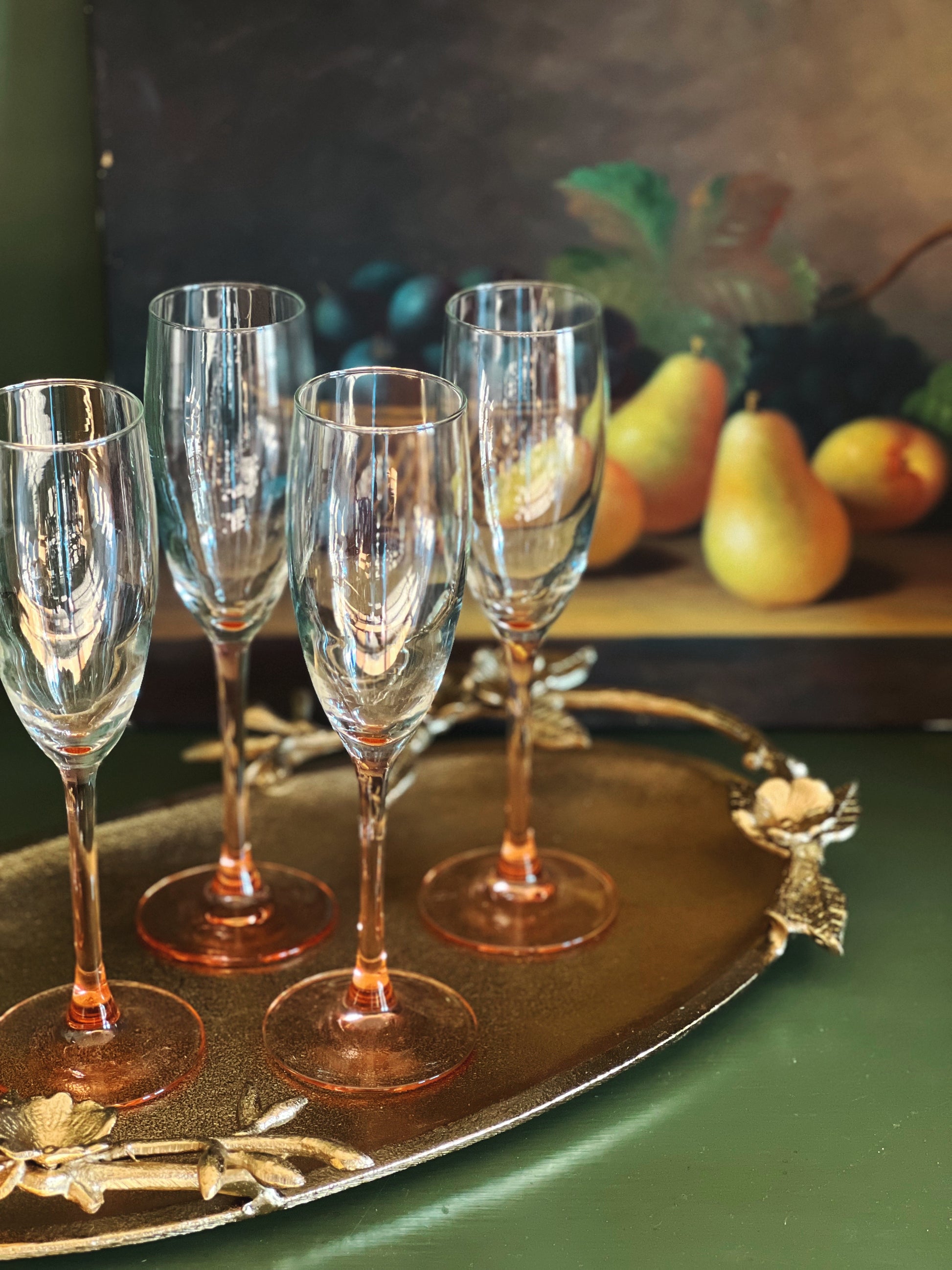 Set of 4 Vintage Cristal d' Arques France Pink Stem Champagne Flutes