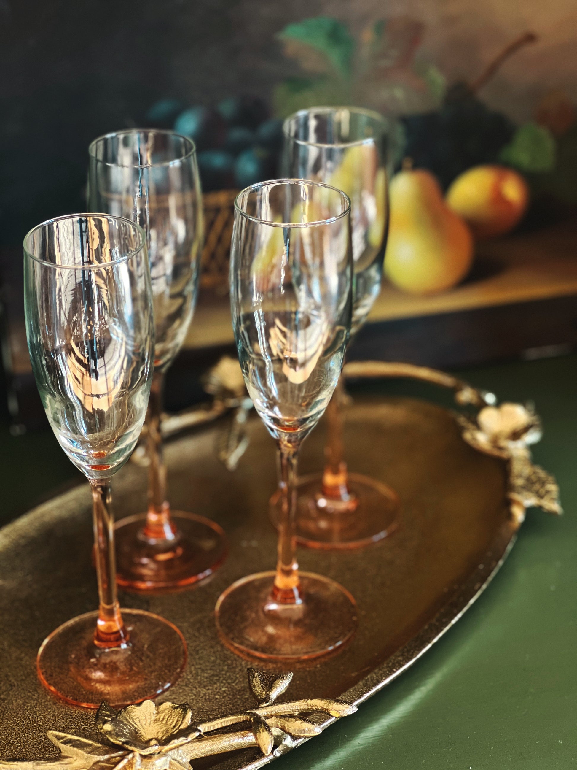 Set of 4 Vintage Cristal d' Arques France Pink Stem Champagne Flutes