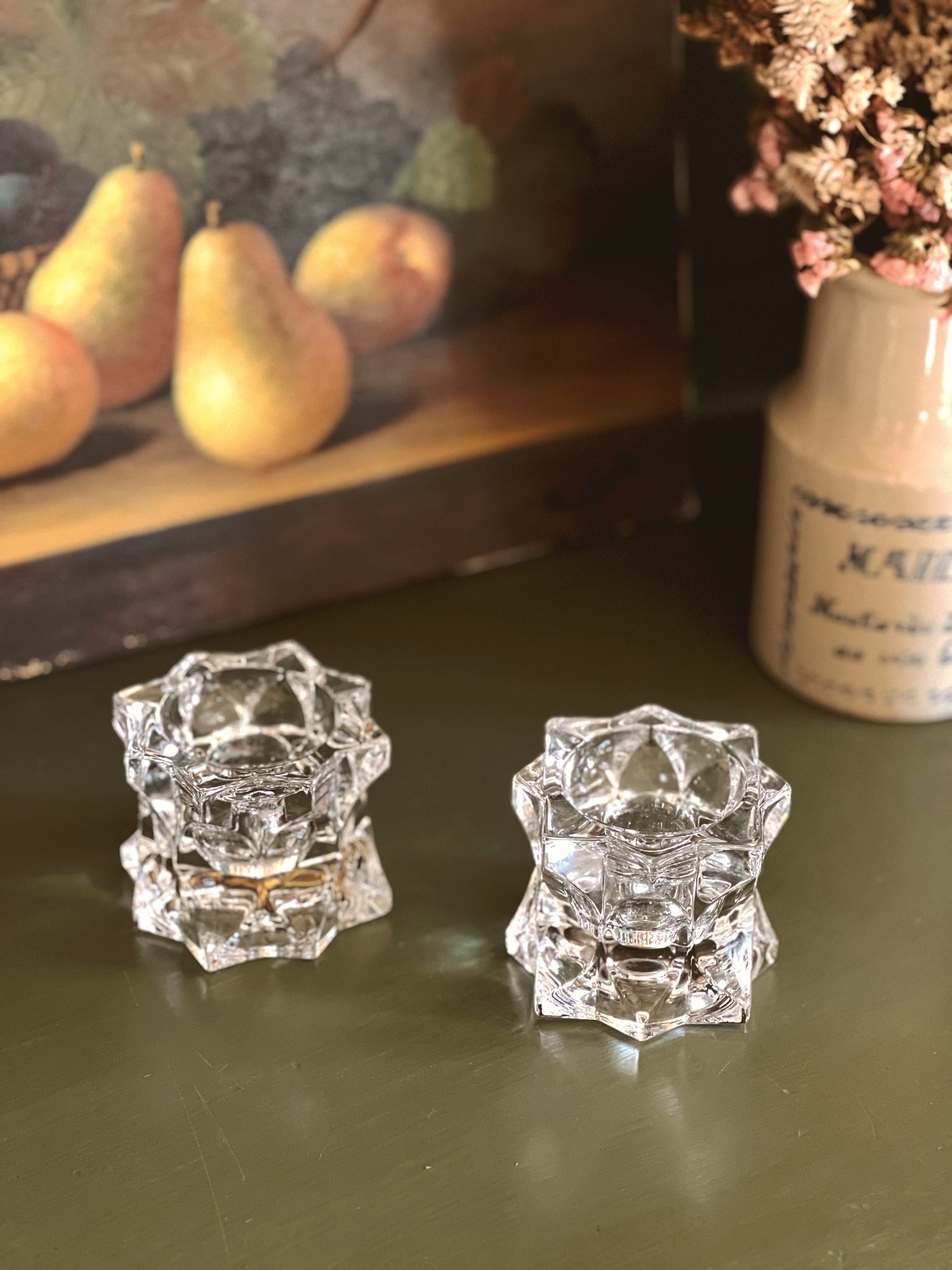 Vintage Pair of Star Shape Glass Taper Candleholders