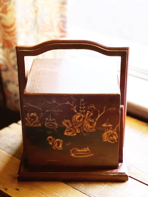 Vintage Wood Chinoiserie Trinket Box with Stand