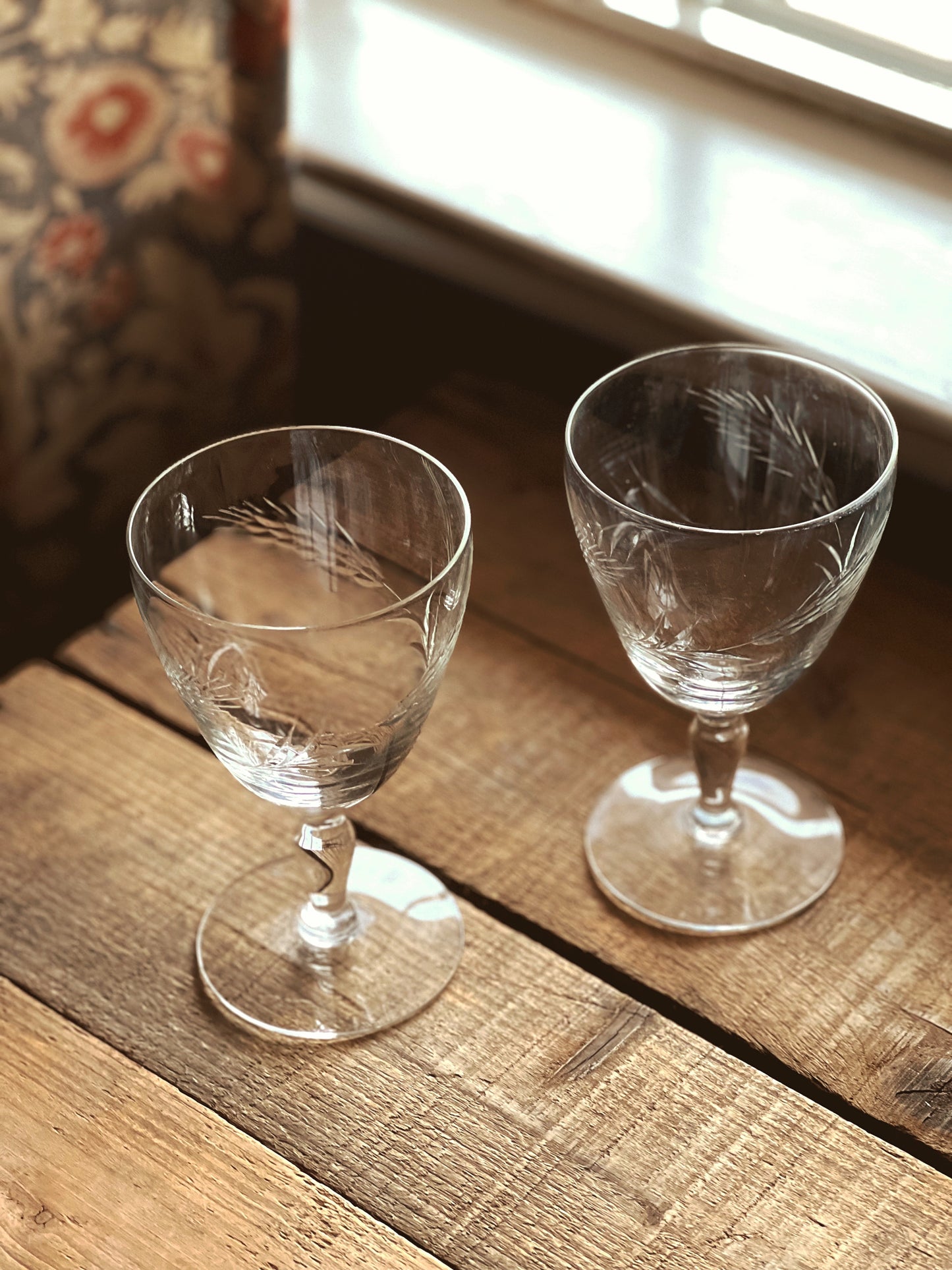 Vintage Pair of Etched Glass Wine Glasses