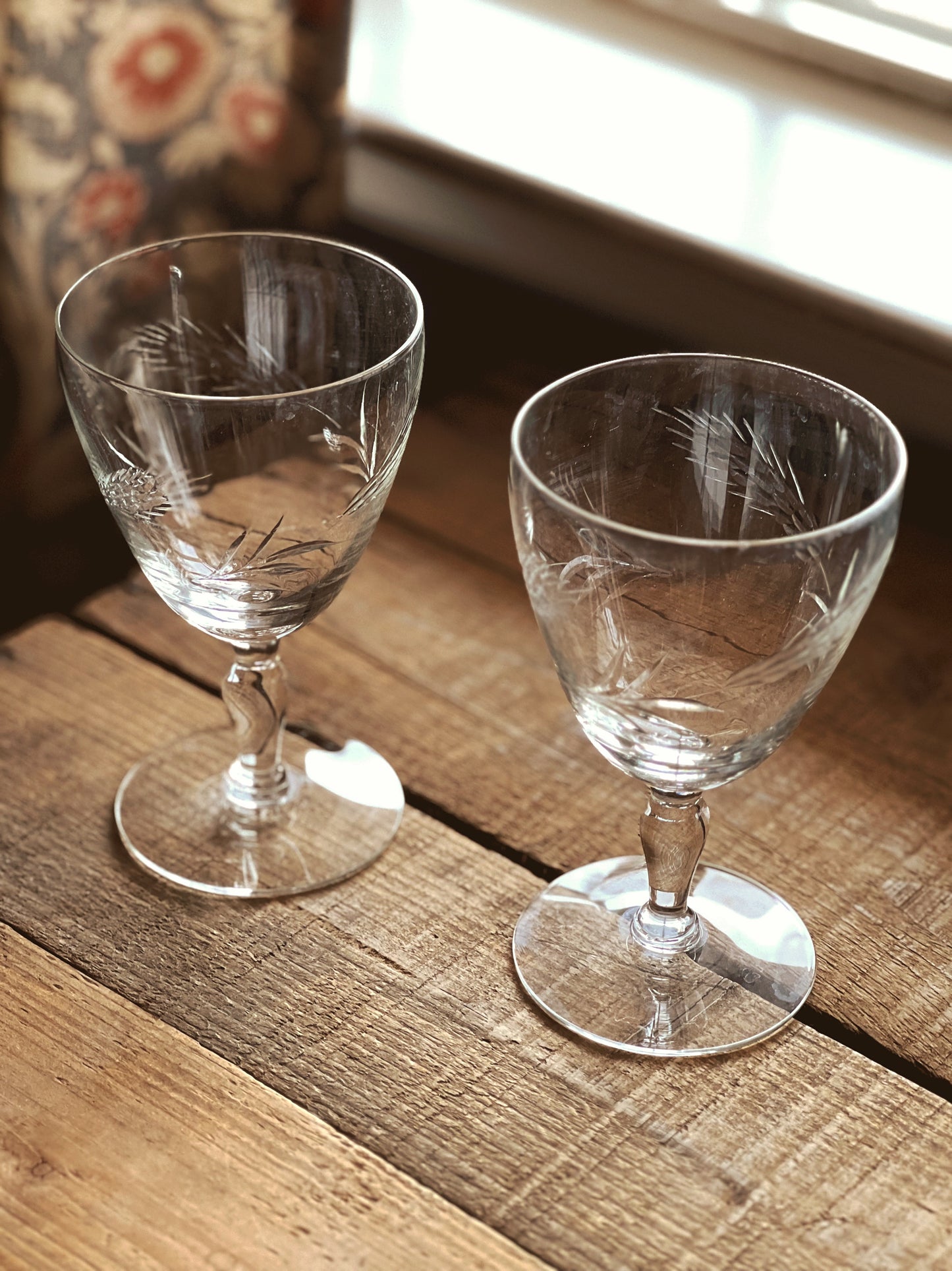 Vintage Pair of Etched Glass Wine Glasses